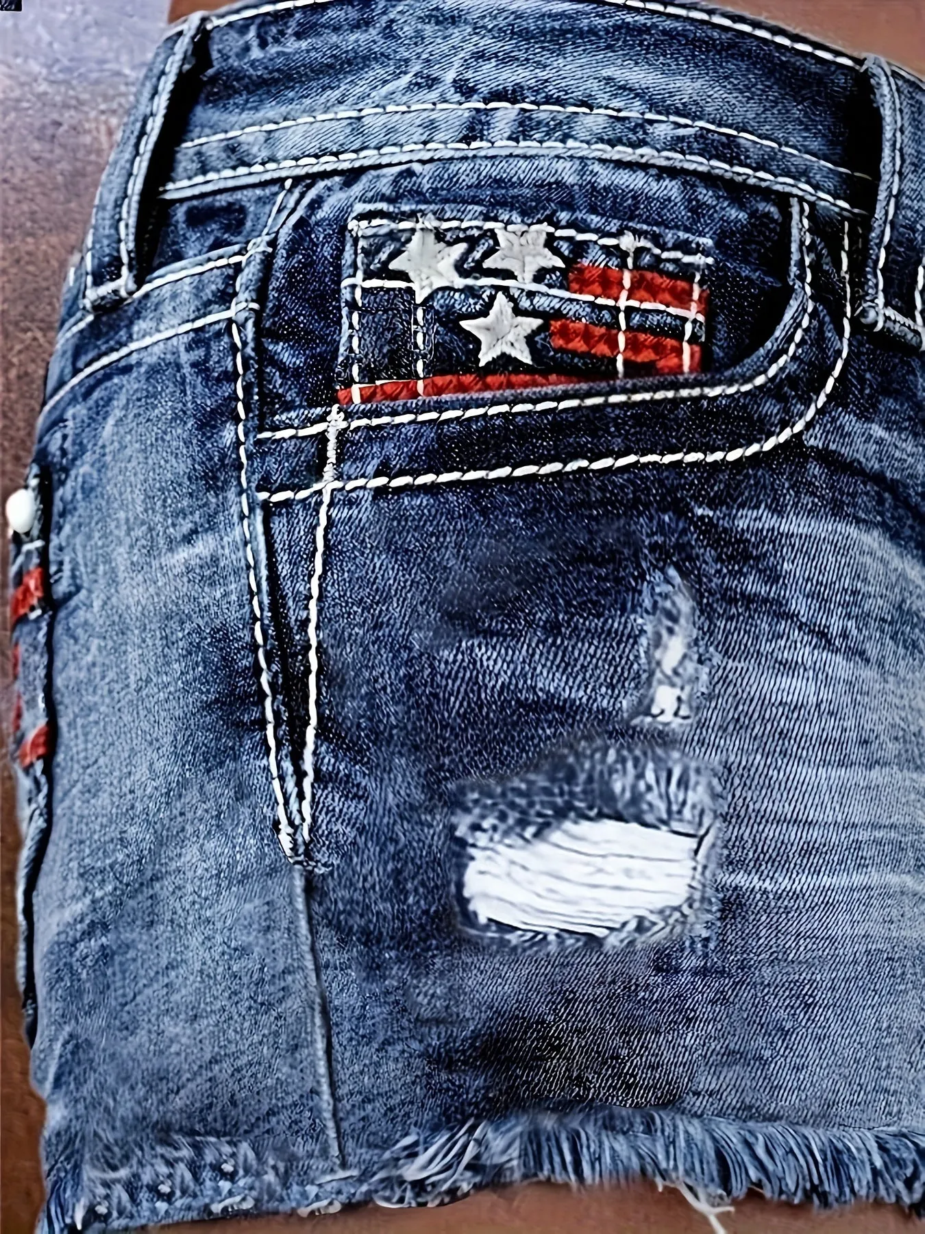 4th of July American Flag Bohemian Style High-Waist Ultra-Stretchy Denim Shorts - Unique Frayed Tassel Hem Detailing, Vibrant Embroidery Designs - Perfect for Independence Day Celebrations and Patriotic Events