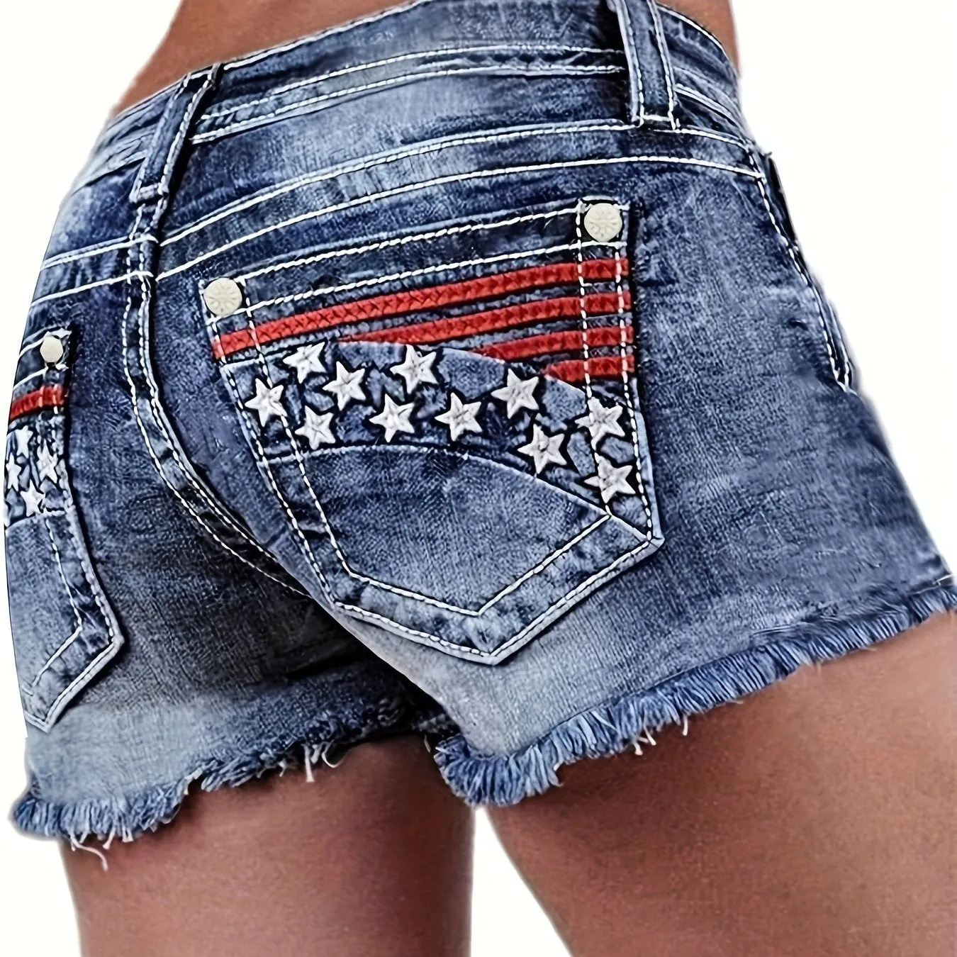 4th of July American Flag Bohemian Style High-Waist Ultra-Stretchy Denim Shorts - Unique Frayed Tassel Hem Detailing, Vibrant Embroidery Designs - Perfect for Independence Day Celebrations and Patriotic Events