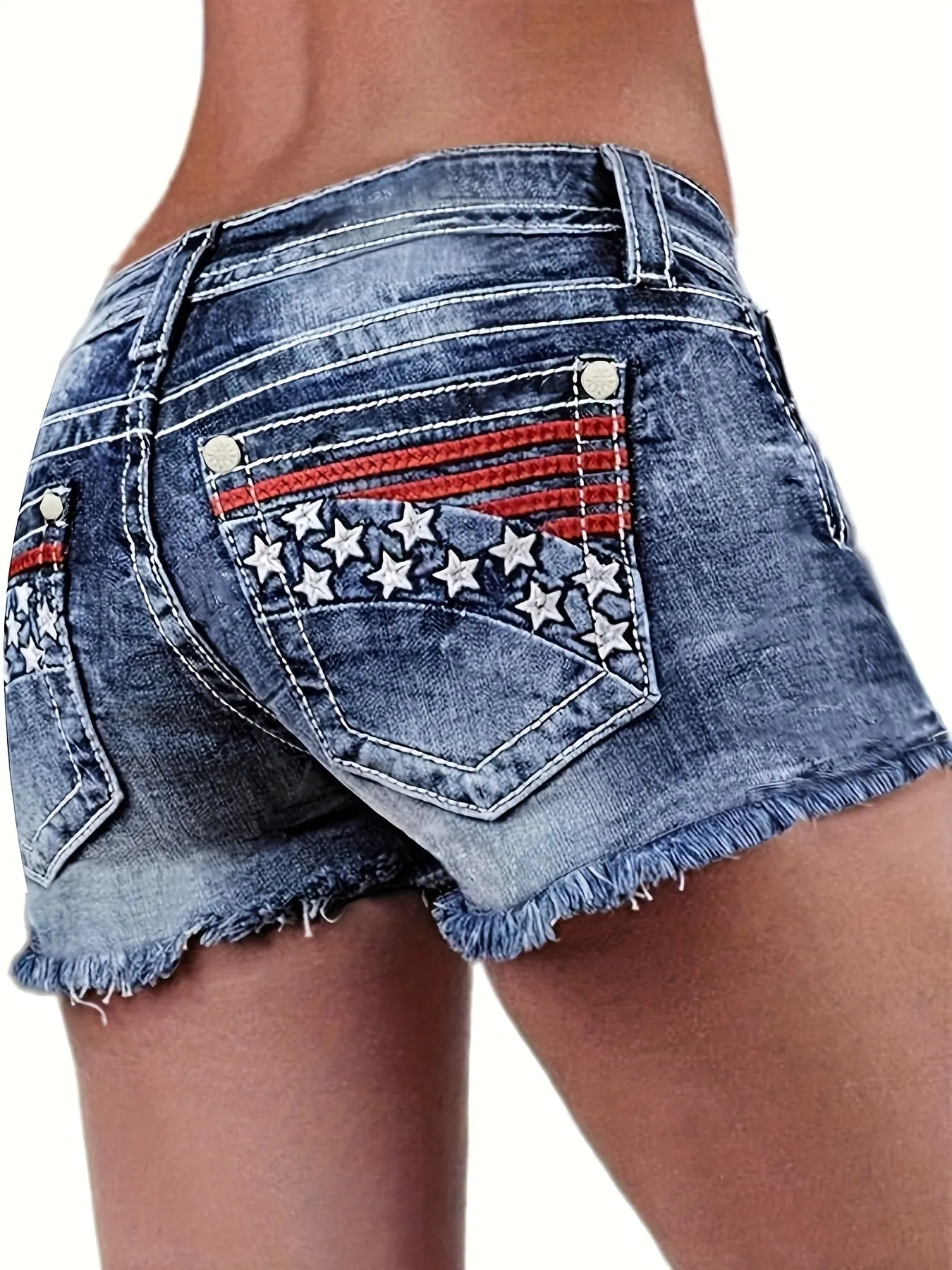 4th of July American Flag Bohemian Style High-Waist Ultra-Stretchy Denim Shorts - Unique Frayed Tassel Hem Detailing, Vibrant Embroidery Designs - Perfect for Independence Day Celebrations and Patriotic Events