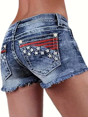 4th of July American Flag Bohemian Style High-Waist Ultra-Stretchy Denim Shorts - Unique Frayed Tassel Hem Detailing, Vibrant Embroidery Designs - Perfect for Independence Day Celebrations and Patriotic Events