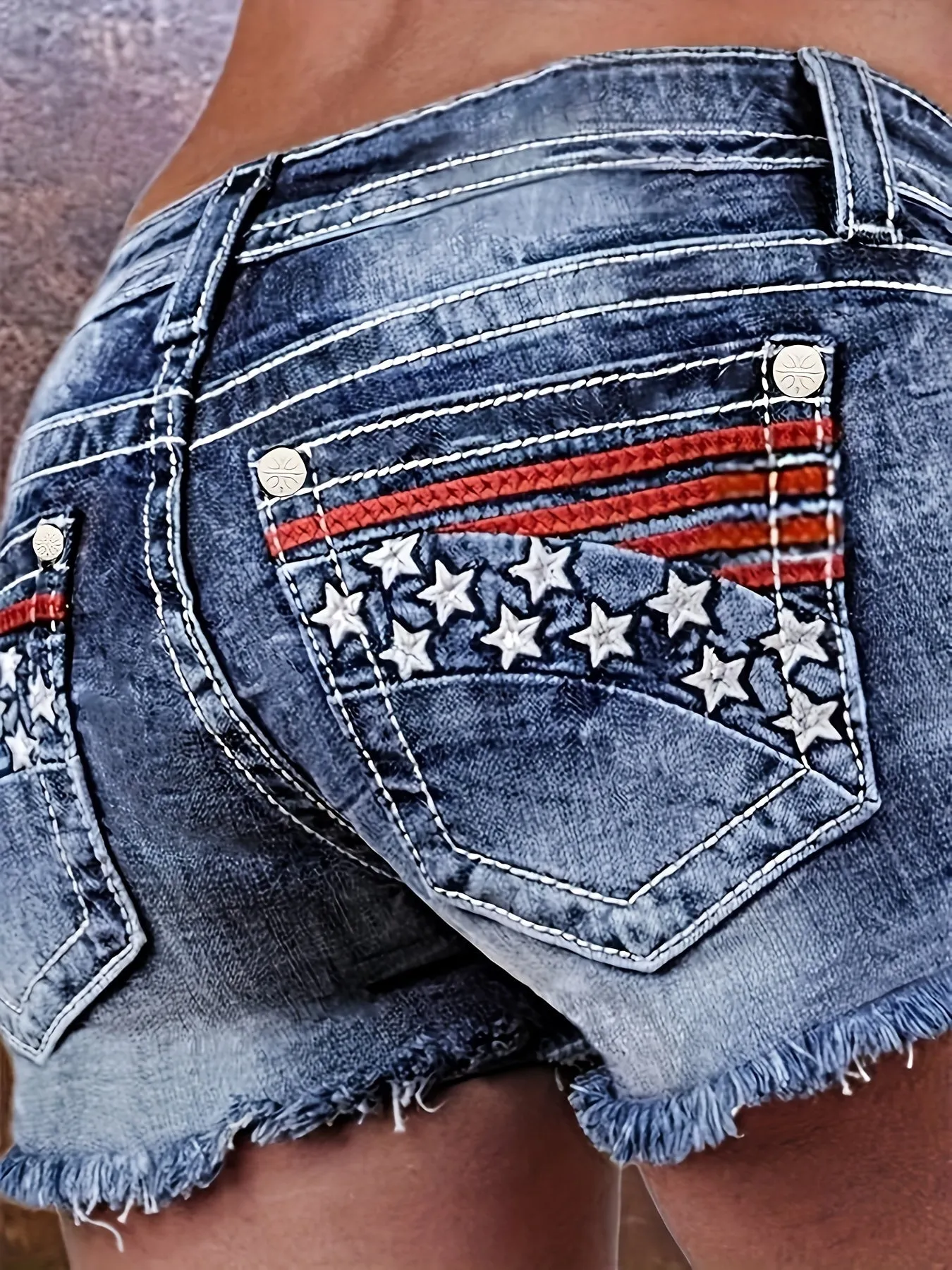 4th of July American Flag Bohemian Style High-Waist Ultra-Stretchy Denim Shorts - Unique Frayed Tassel Hem Detailing, Vibrant Embroidery Designs - Perfect for Independence Day Celebrations and Patriotic Events