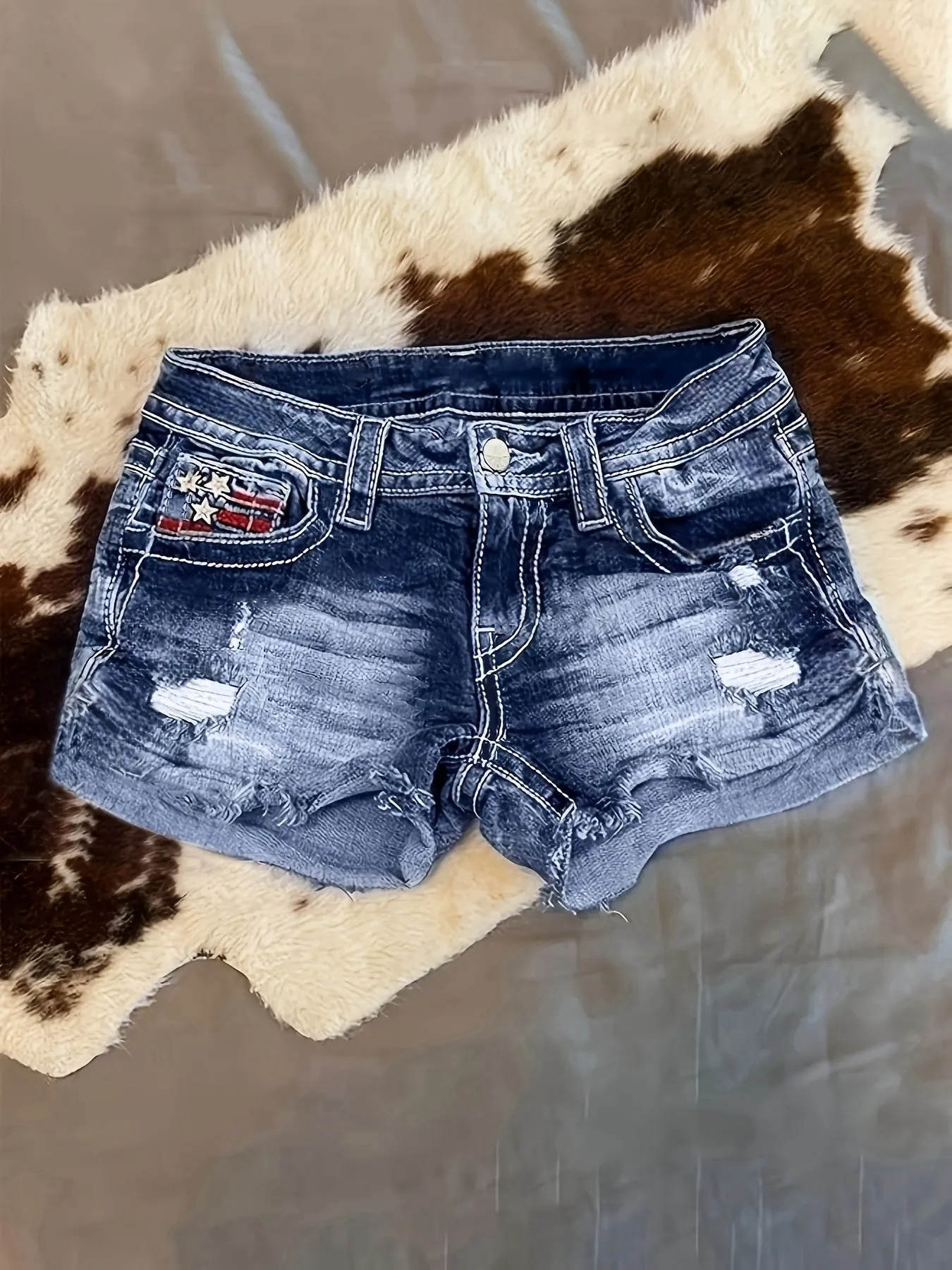 4th of July American Flag Bohemian Style High-Waist Ultra-Stretchy Denim Shorts - Unique Frayed Tassel Hem Detailing, Vibrant Embroidery Designs - Perfect for Independence Day Celebrations and Patriotic Events