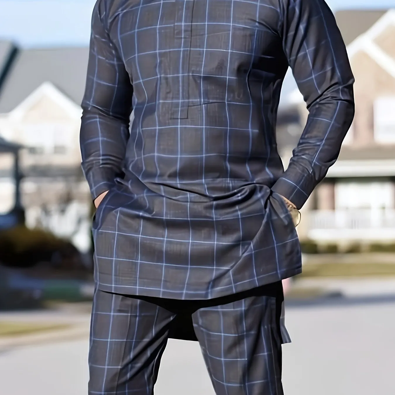 African Mens Senator Wear Kaftan | Black with White Pattern