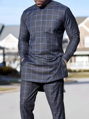 African Mens Senator Wear Kaftan | Black with White Pattern