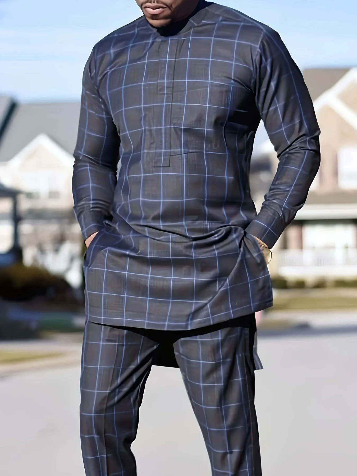 African Mens Senator Wear Kaftan | Black with White Pattern
