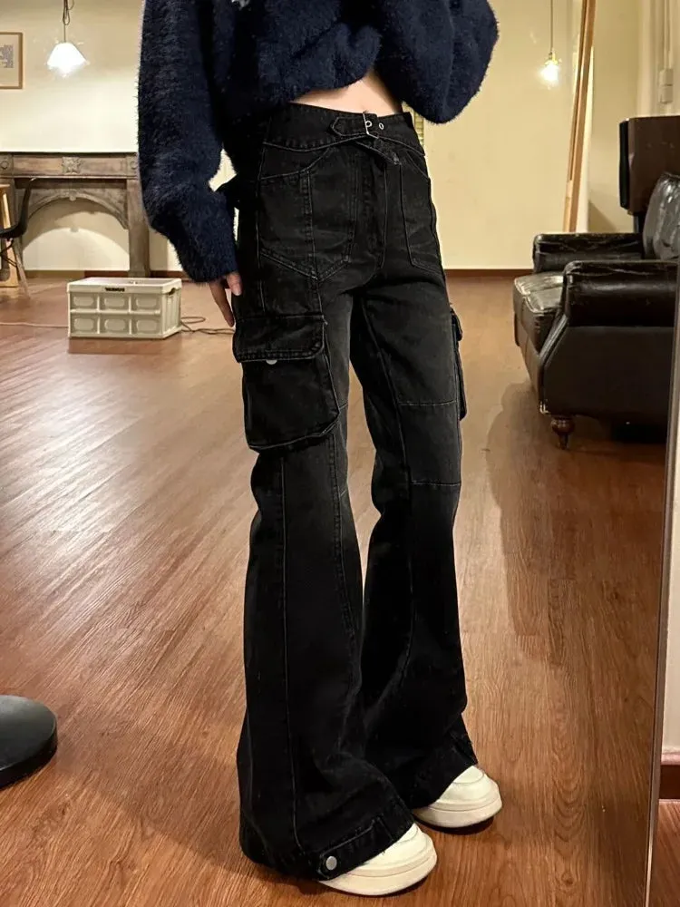 Black Denim Cargo Flare Jeans for Women Y2k Baggy American Retro Slim Pockets Trousers High Street Pants