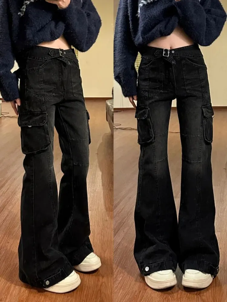 Black Denim Cargo Flare Jeans for Women Y2k Baggy American Retro Slim Pockets Trousers High Street Pants