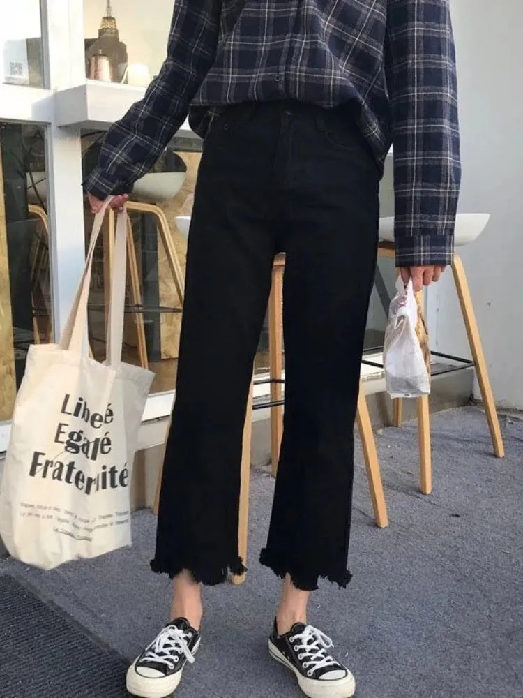 Black Denim Cargo Flare Jeans for Women Y2k Baggy American Retro Slim Pockets Trousers High Street Pants