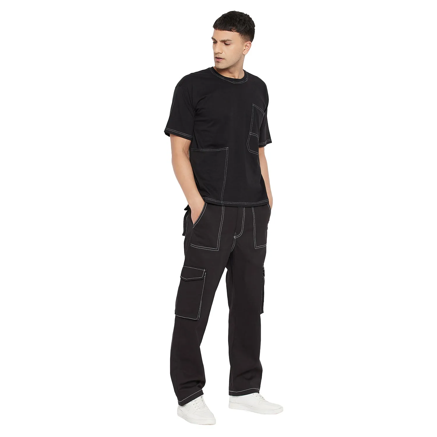 Black Oversized Carpenter Tshirt & Cargo Pants Combo Set
