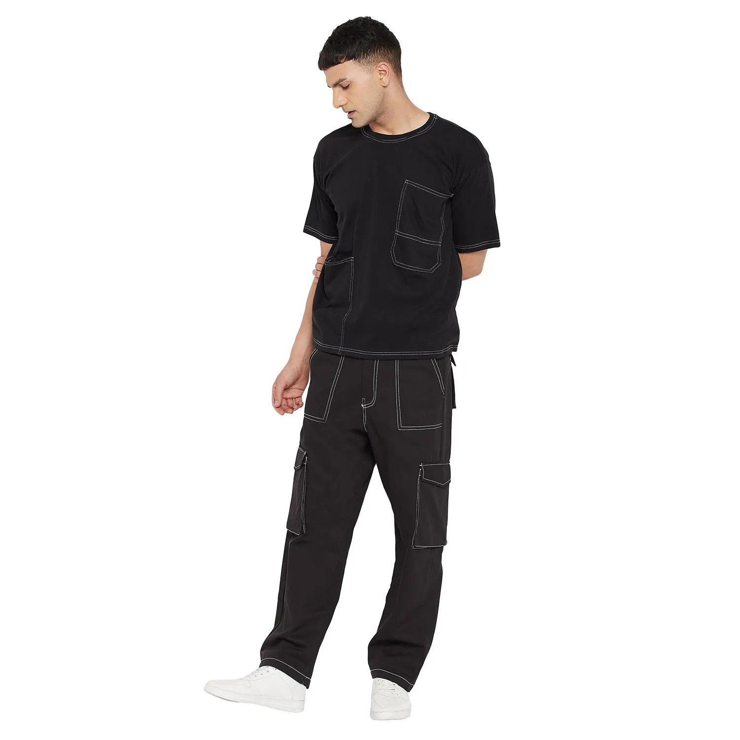Black Oversized Carpenter Tshirt & Cargo Pants Combo Set