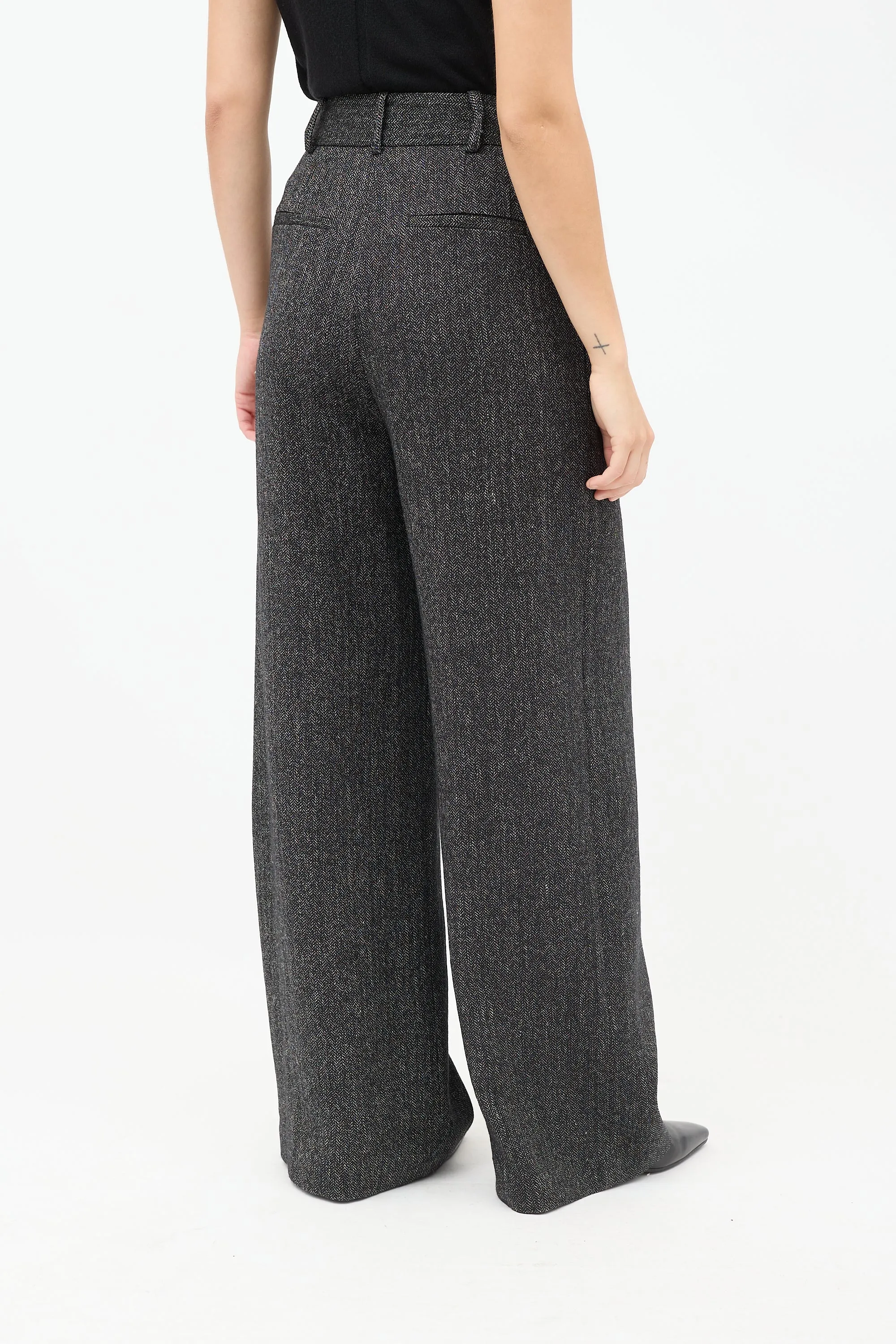 Black Tweed Pleated Wide Leg Trouser