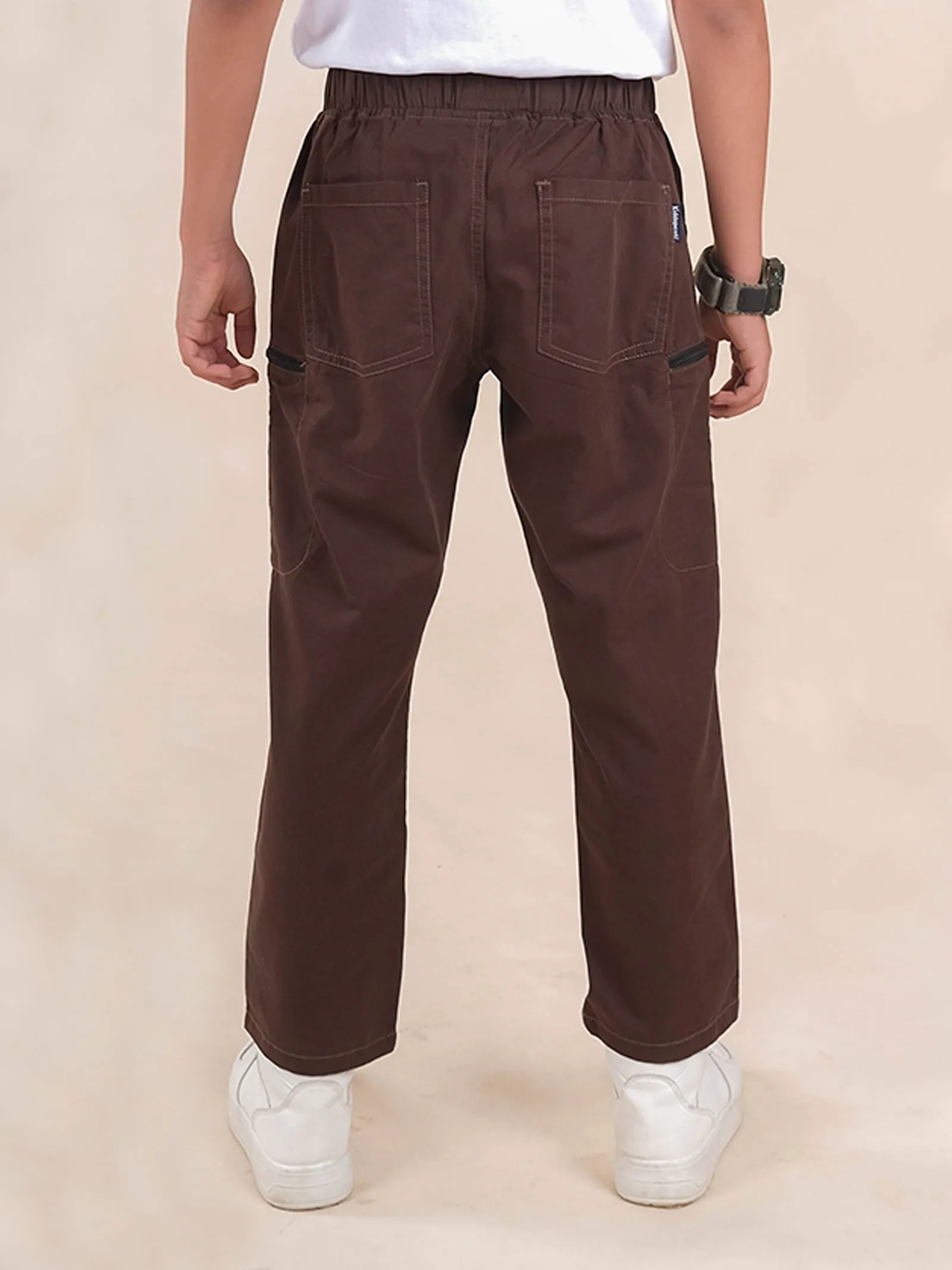 Boys Cotton Elastane Full Length Solid Cargo Pant