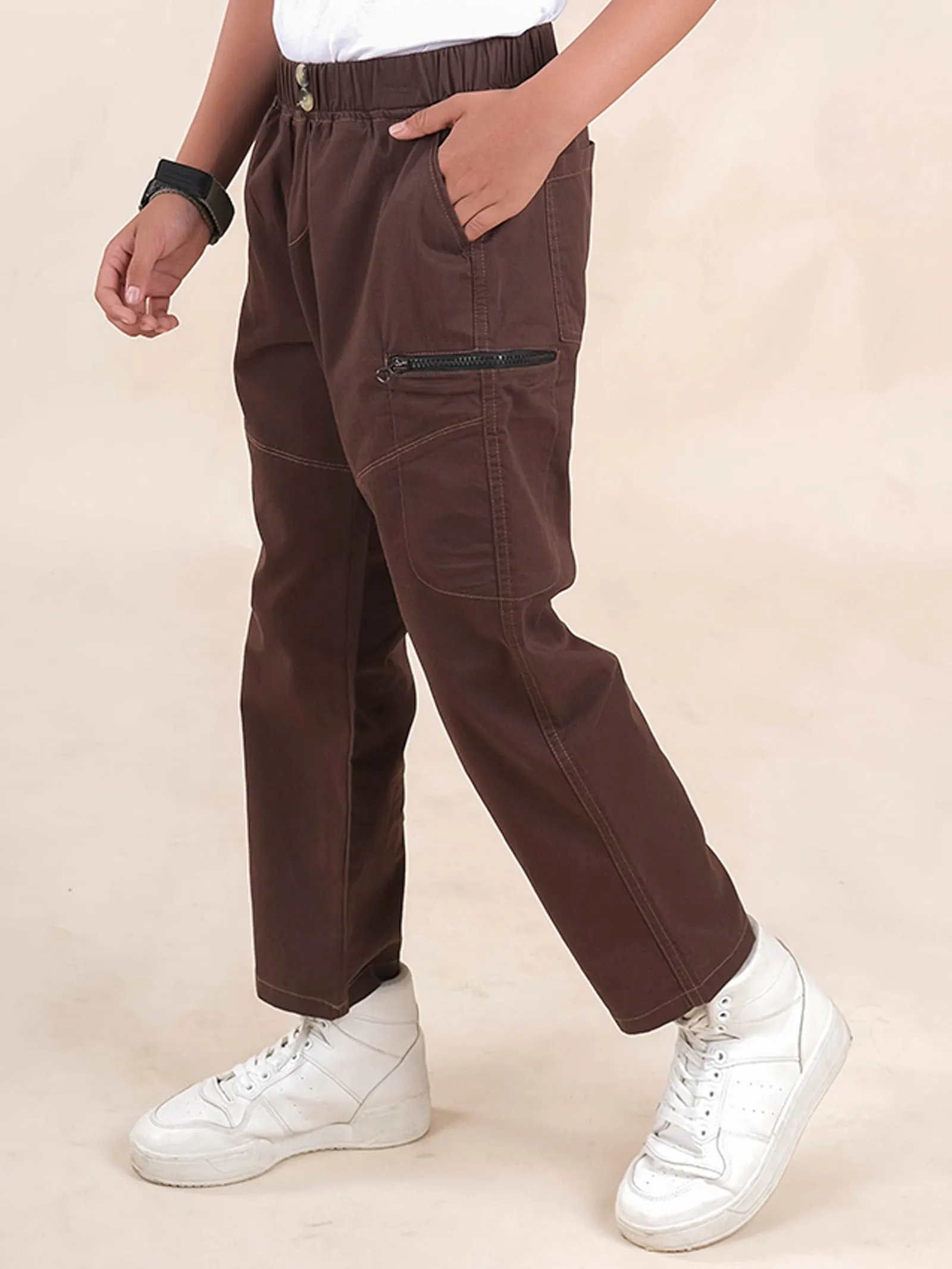 Boys Cotton Elastane Full Length Solid Cargo Pant