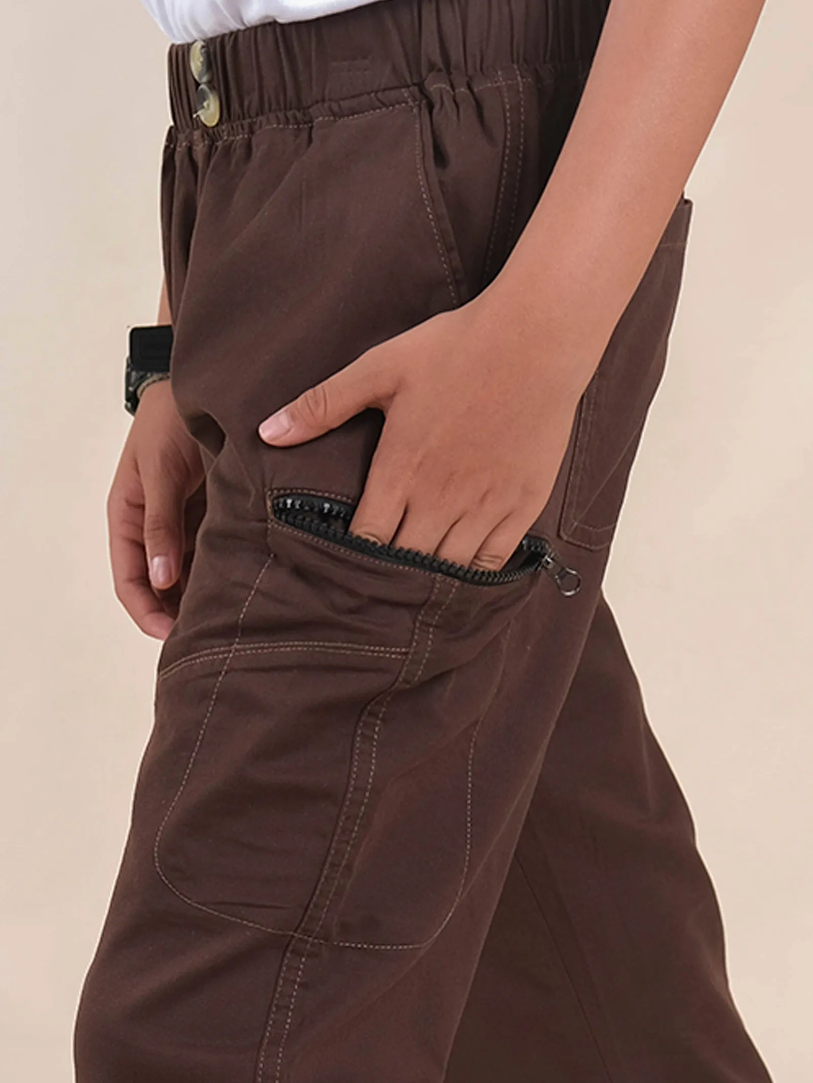 Boys Cotton Elastane Full Length Solid Cargo Pant