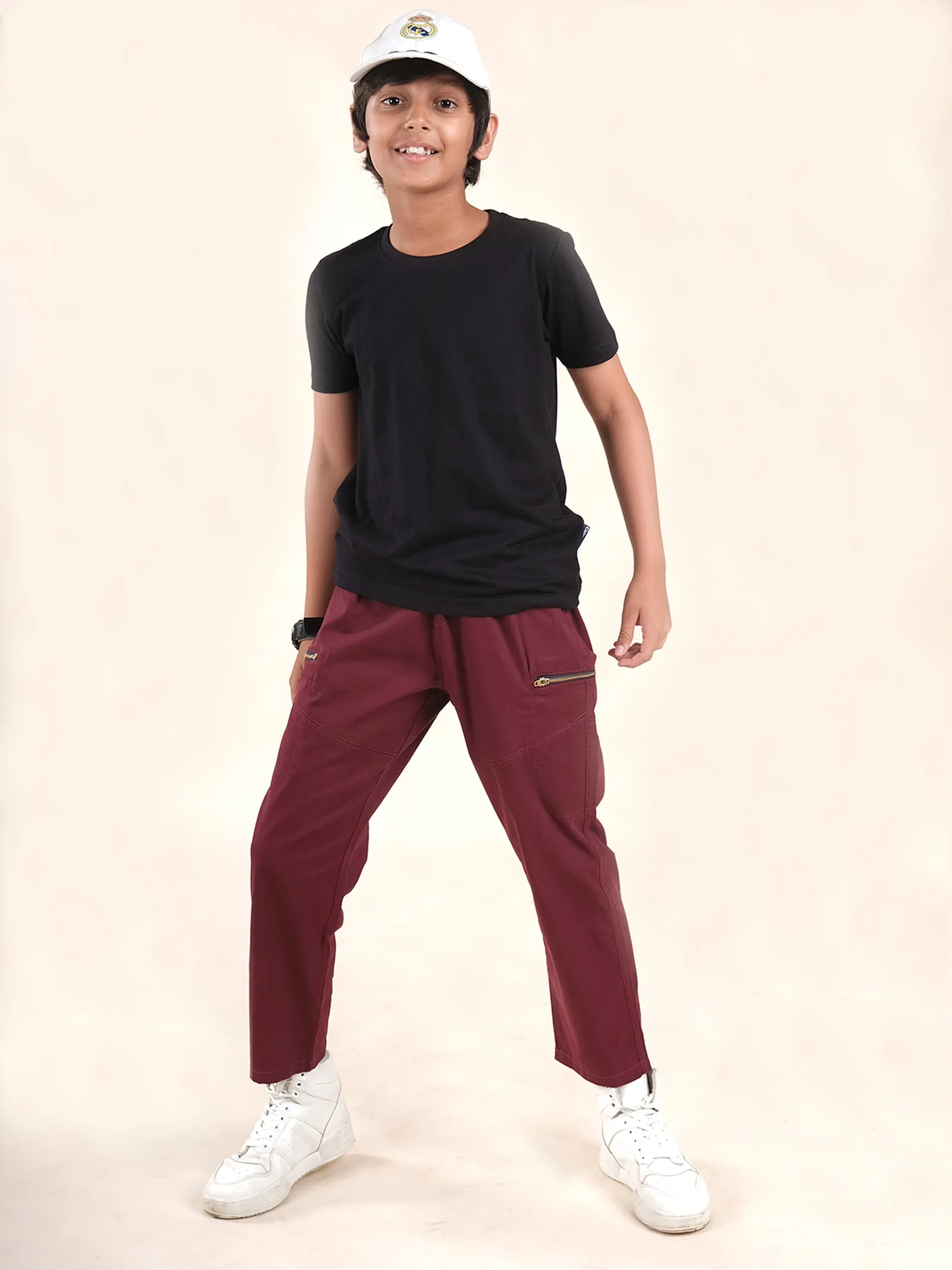 Boys Cotton Elastane Full Length Solid Cargo Pant