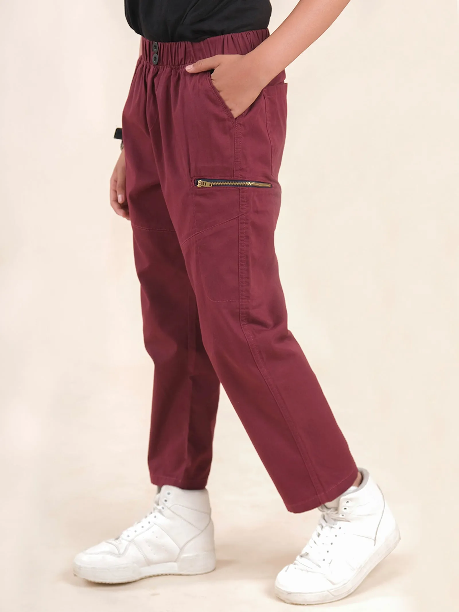Boys Cotton Elastane Full Length Solid Cargo Pant