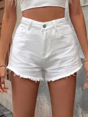 Chic White Denim Shorts for Women - High Waist, Raw Hem with Slash Pockets - Casual Summer Jean-Wear