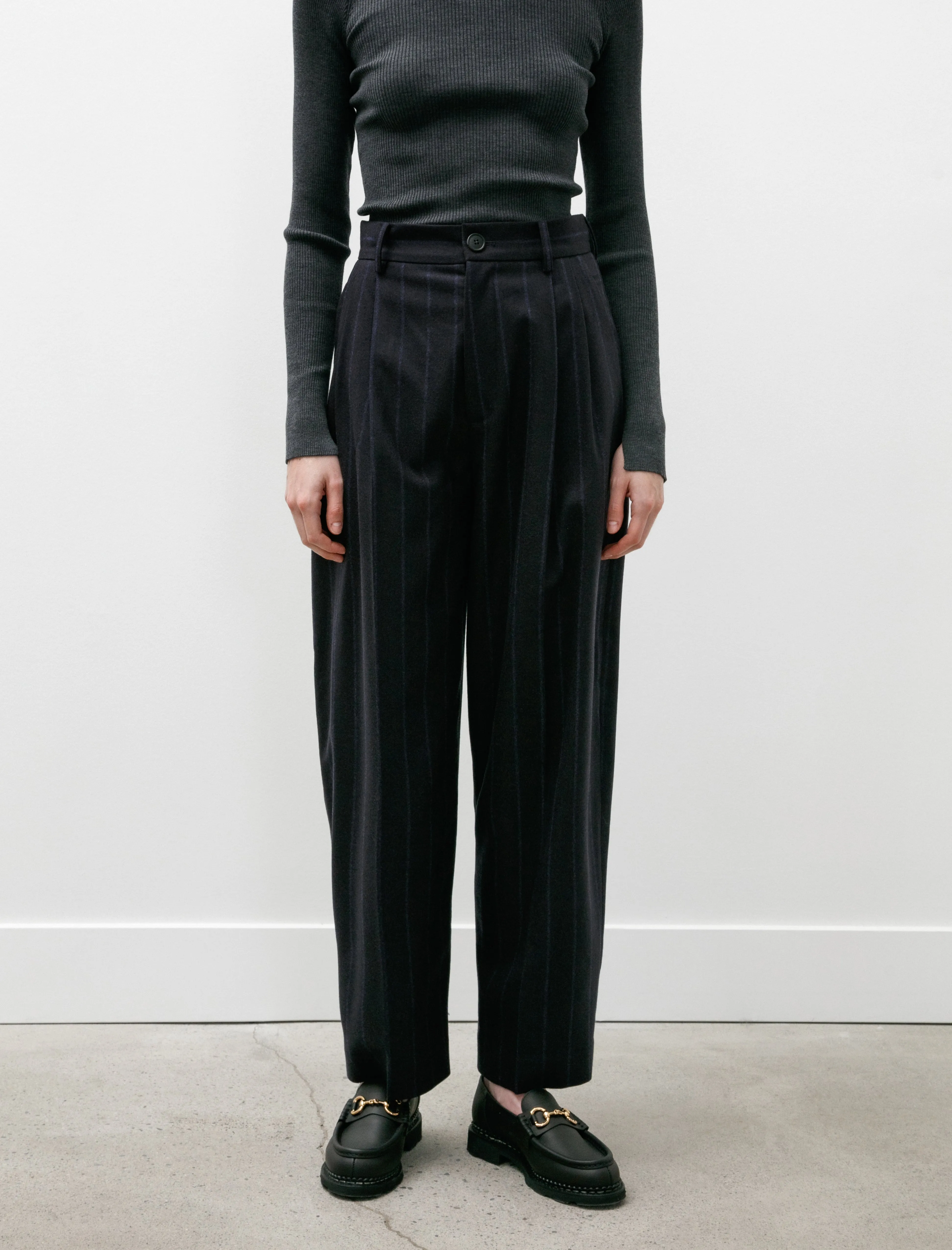 Navy Pinstripe Double Pleated Trousers: Enhanced Style for a Polished Look