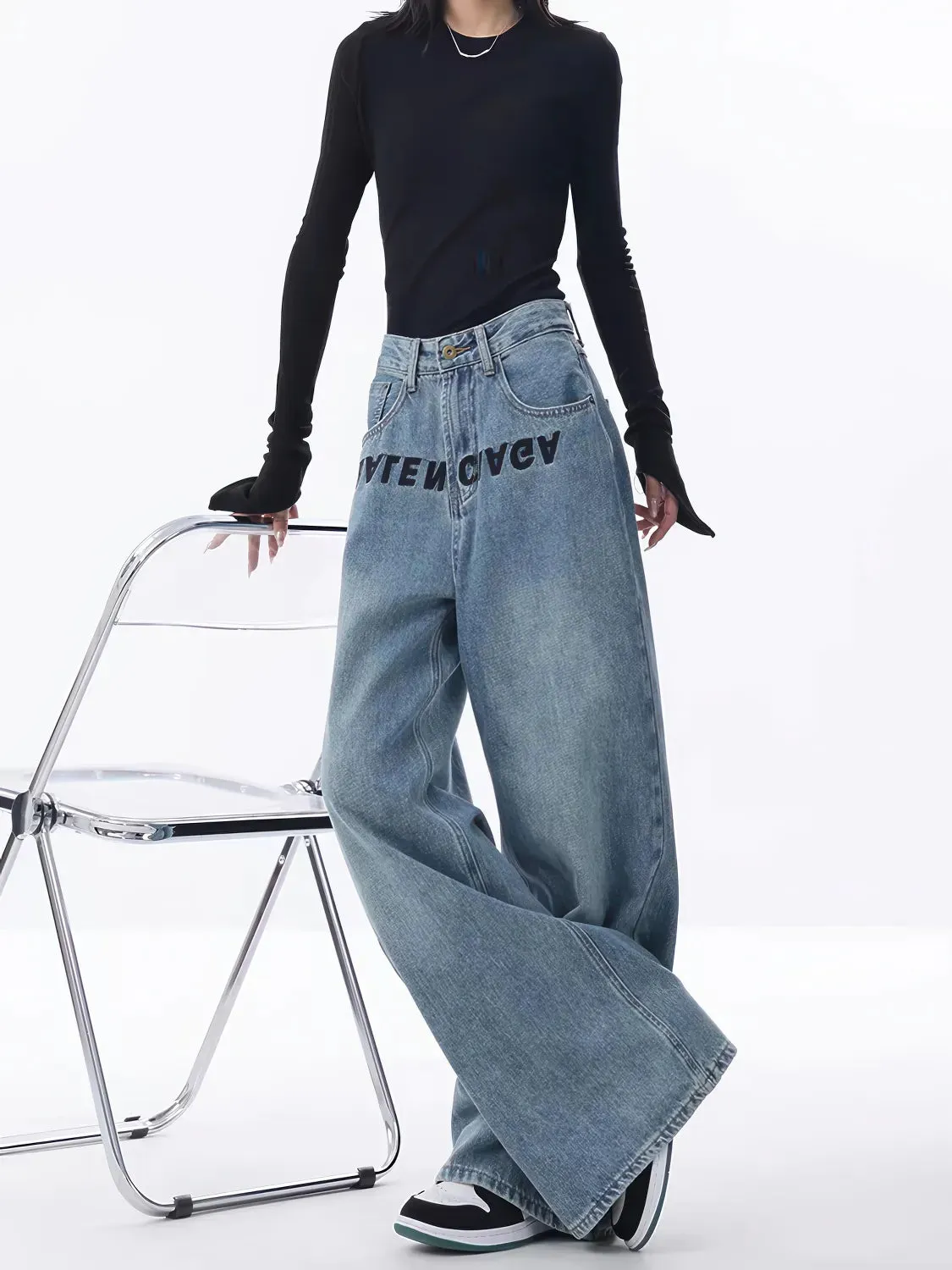 Embroidered Loose Wide-leg Jeans for Women