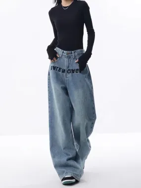 Embroidered Loose Wide-leg Jeans for Women
