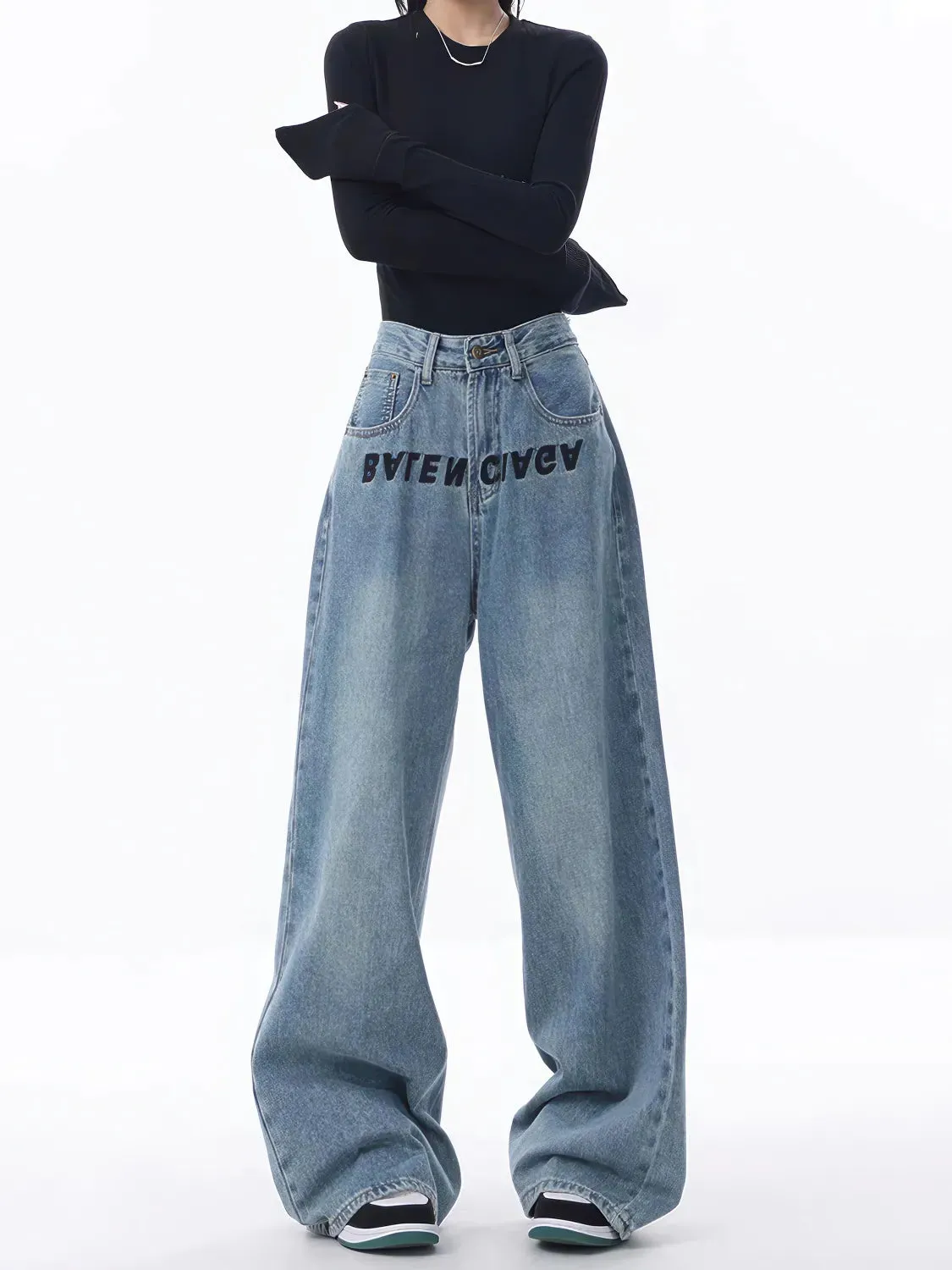Embroidered Loose Wide-leg Jeans for Women
