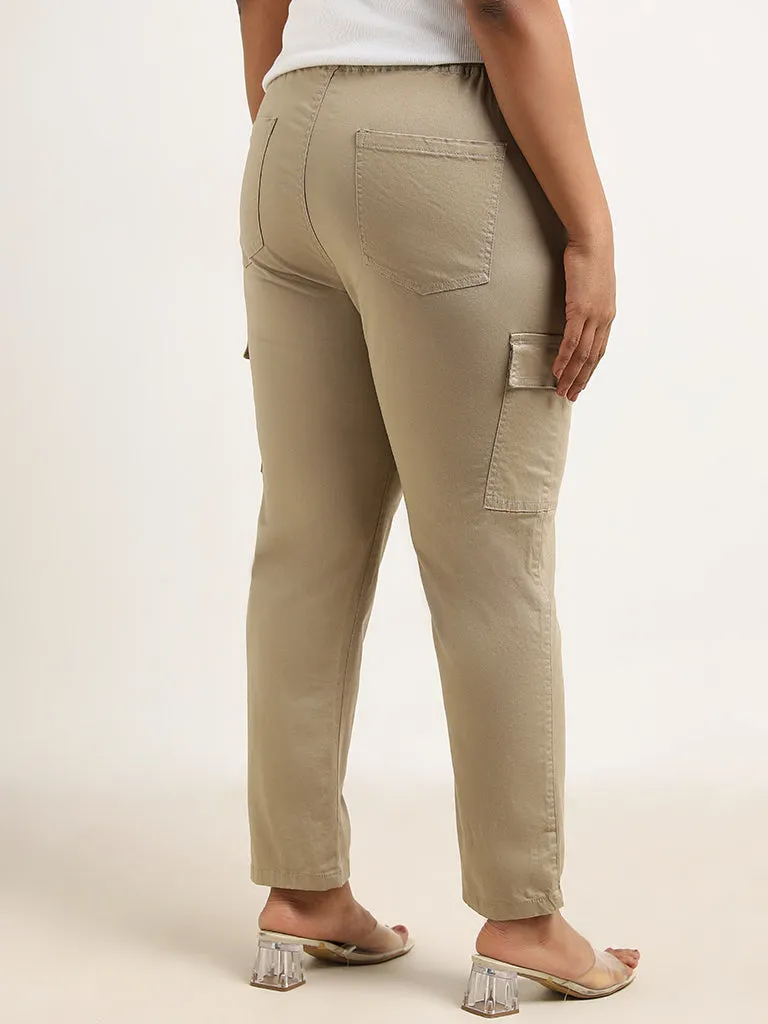 Gia Beige Solid High-Rise Solid Cotton Blend Trousers