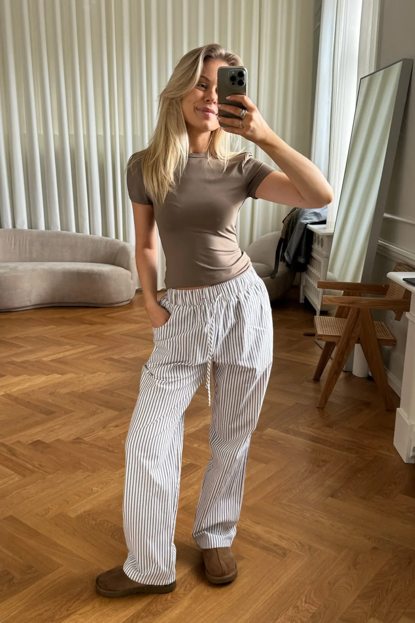 HannahIC Bukser - Brun Hvid Stribet