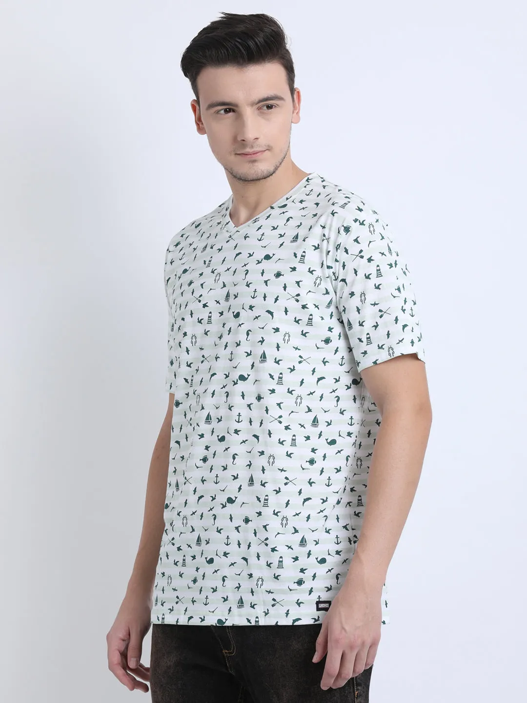 JDC Men's Lime Green Striped Print T.shirt