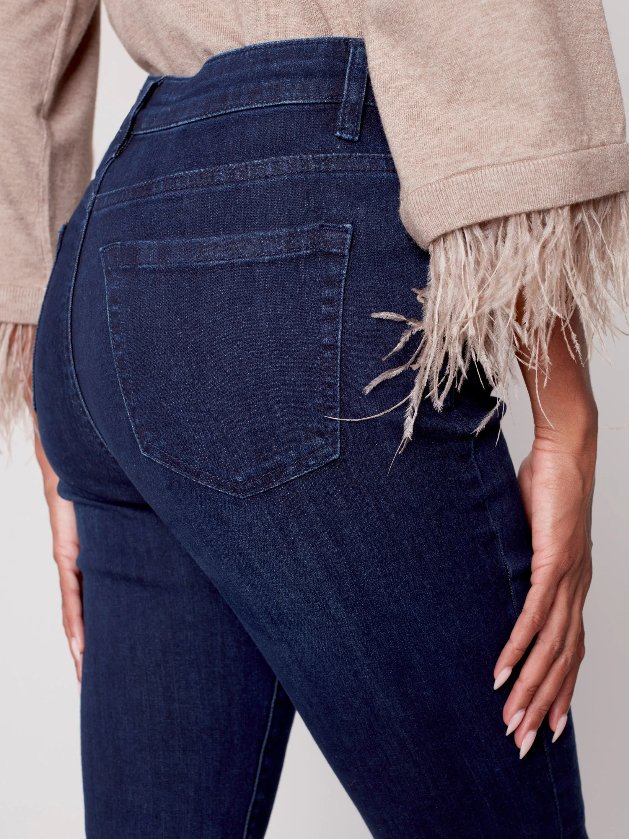 Jeans with Removable Feather Hem - Blue Black