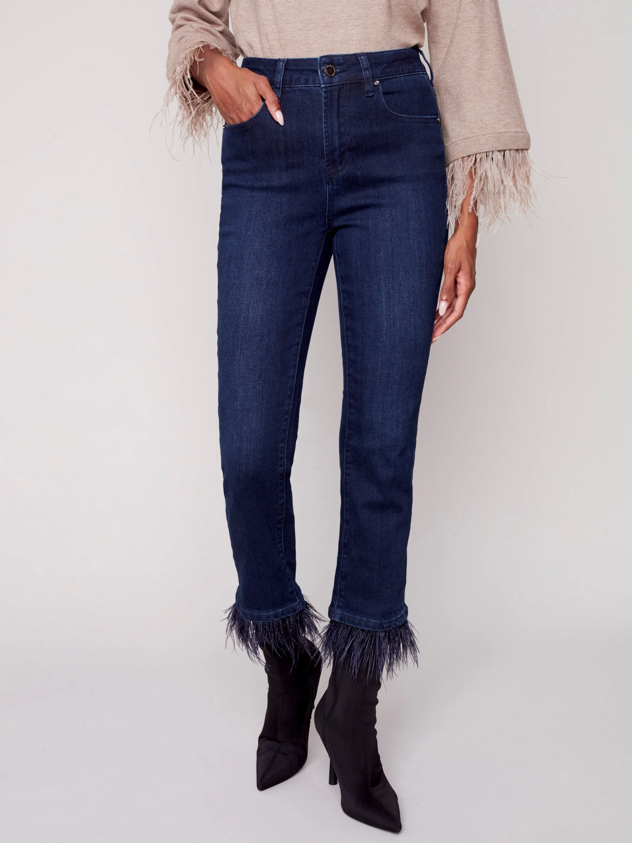 Jeans with Removable Feather Hem - Blue Black