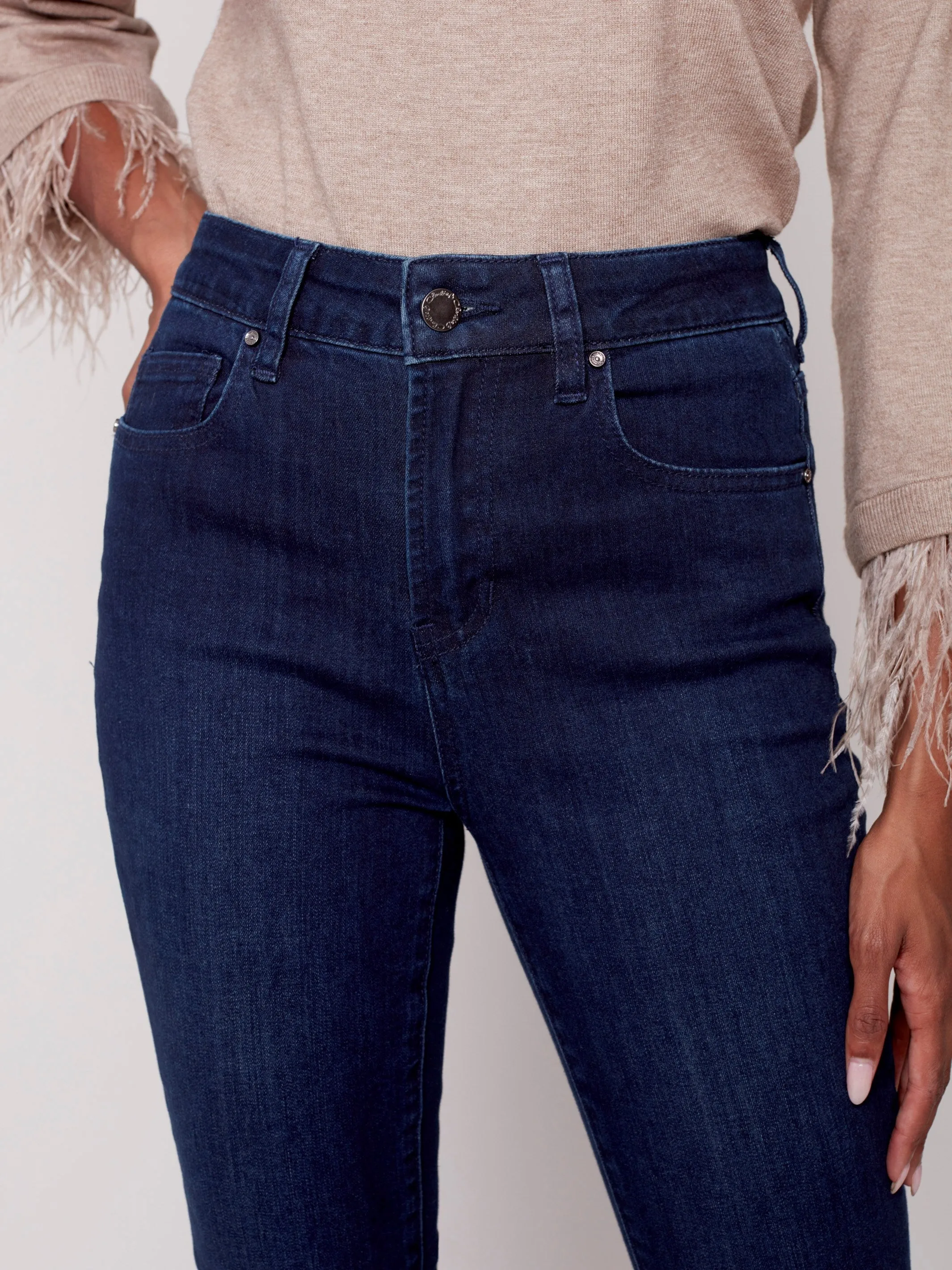 Jeans with Removable Feather Hem - Blue Black