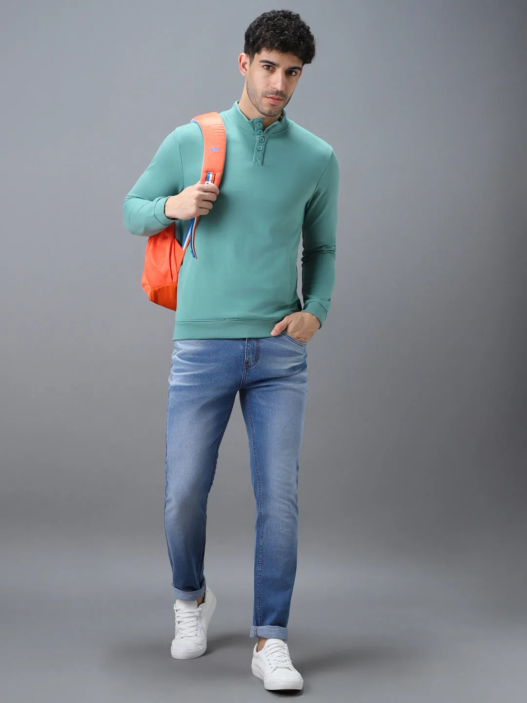 Men's Green Cotton Solid Button High Neck Sweatshirt