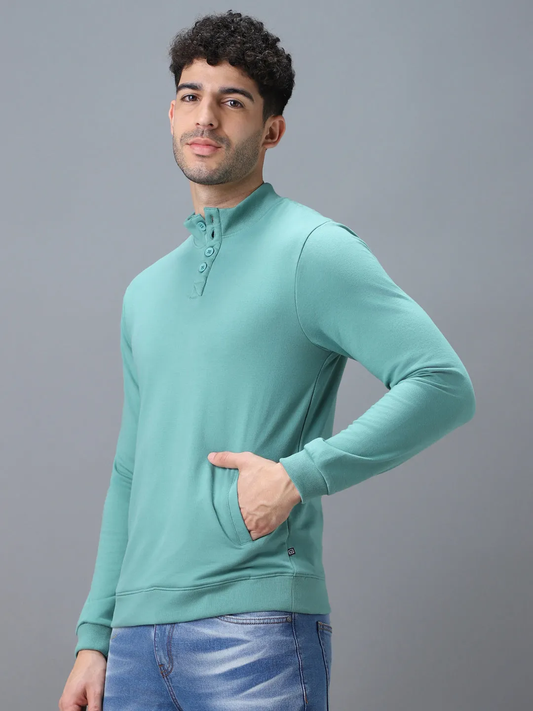 Men's Green Cotton Solid Button High Neck Sweatshirt