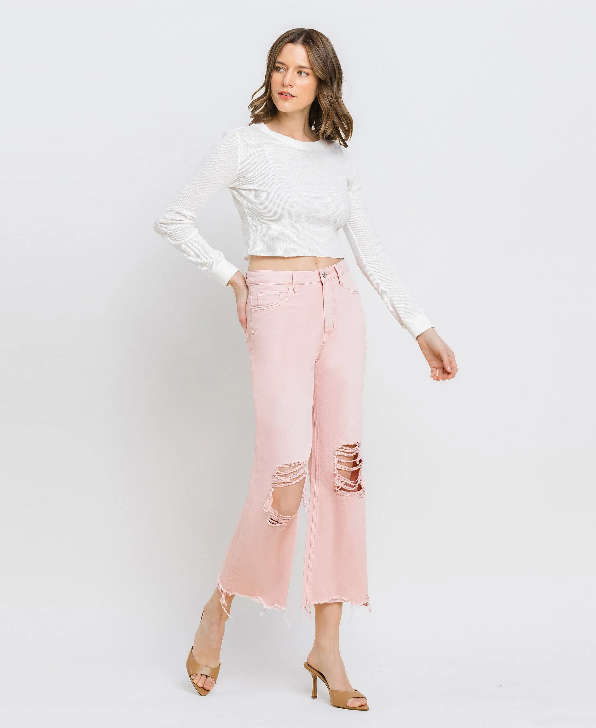 Powder Pink - Super High Rise 90s Vintage Crop Flare Jeans