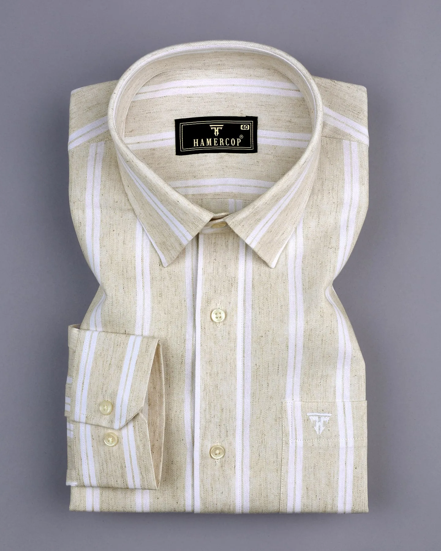 Sea Sand Cream With White Stripe Formal Cotton Shirt