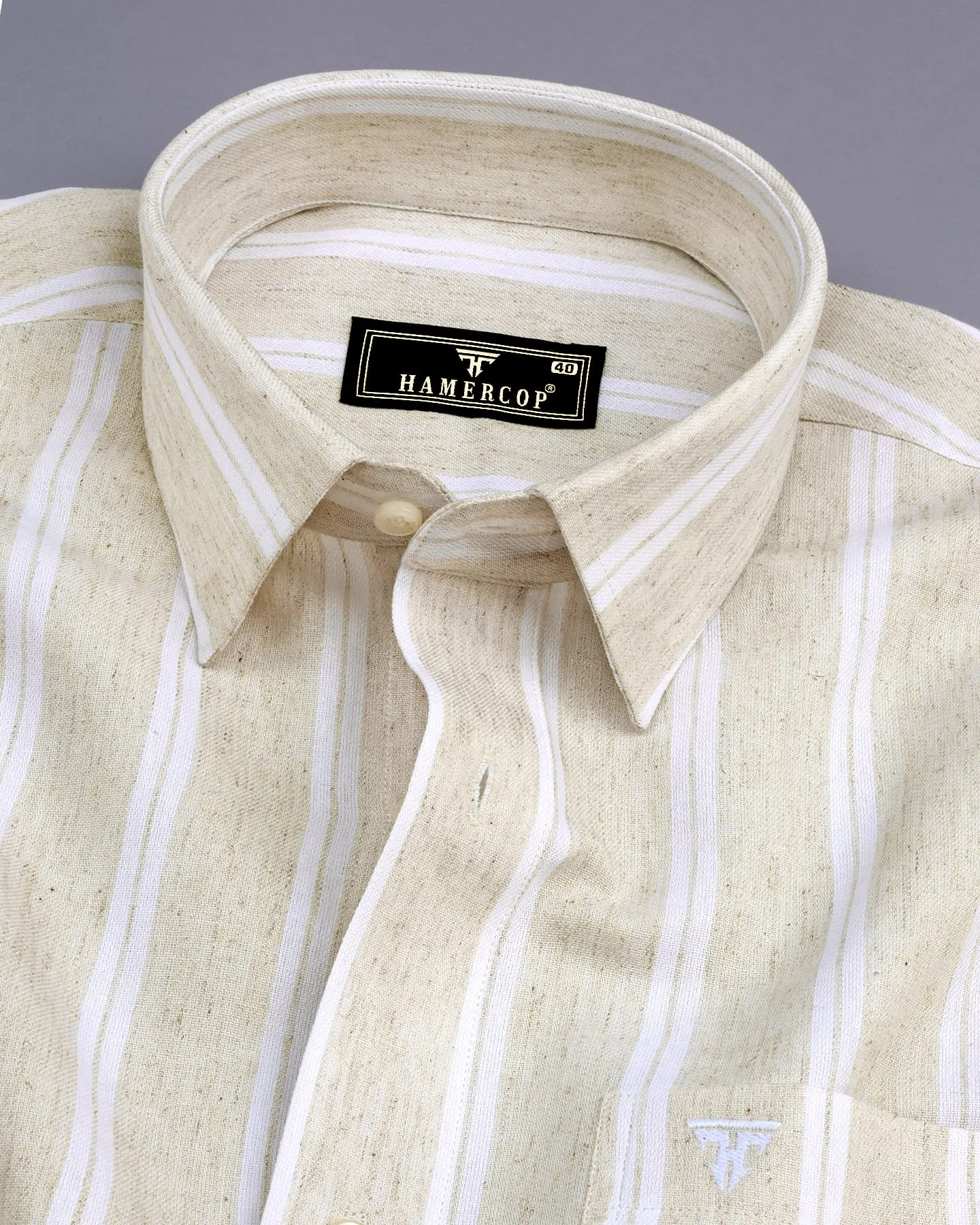 Sea Sand Cream With White Stripe Formal Cotton Shirt