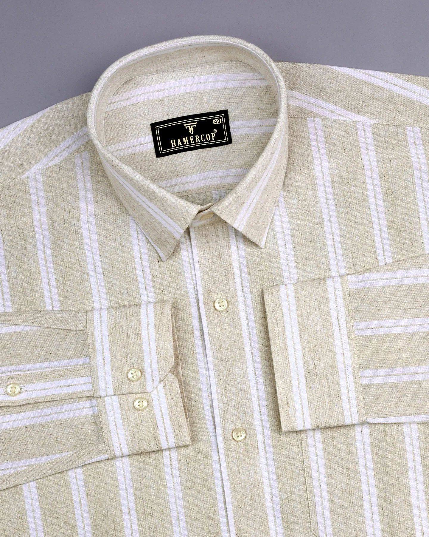Sea Sand Cream With White Stripe Formal Cotton Shirt