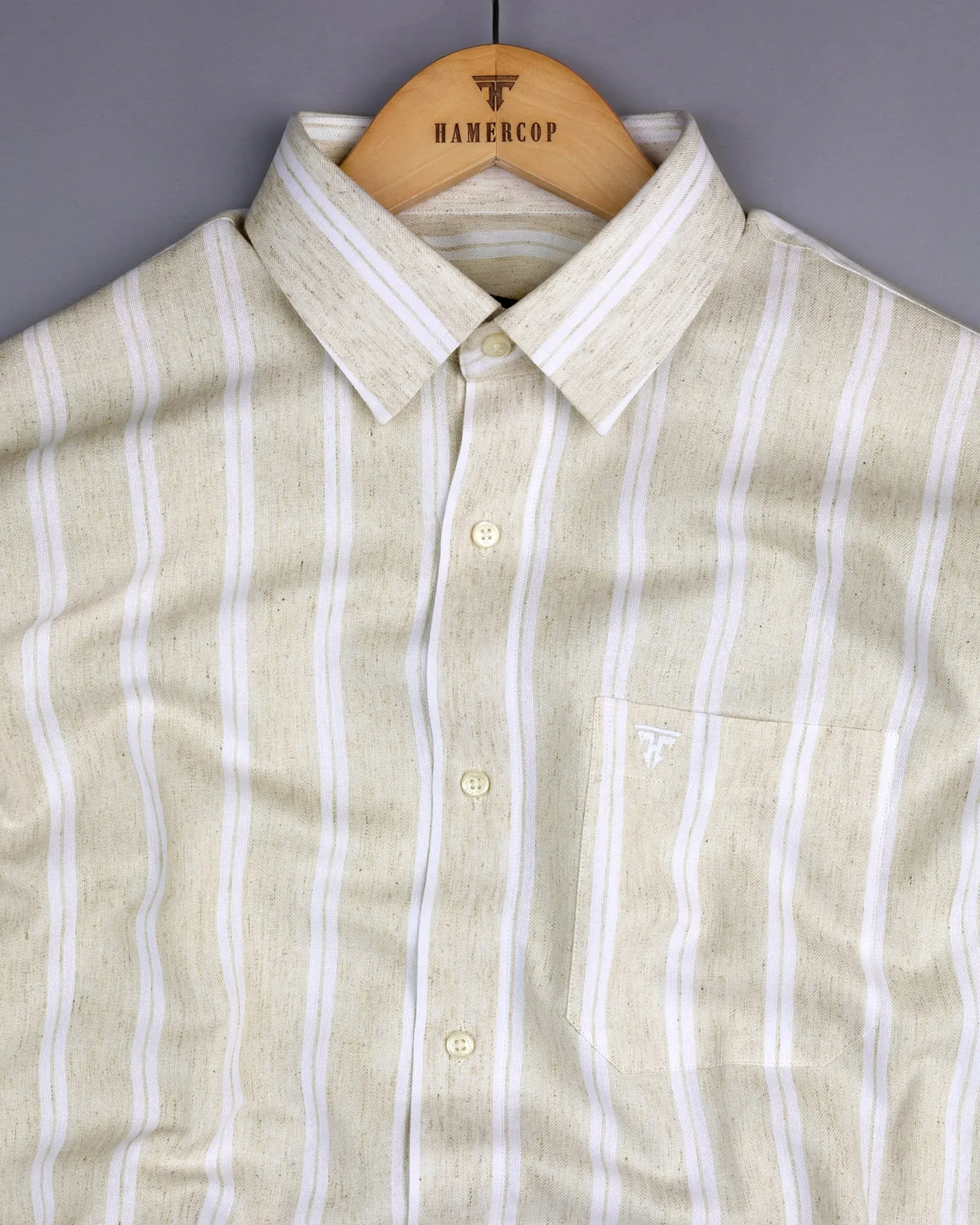 Sea Sand Cream With White Stripe Formal Cotton Shirt