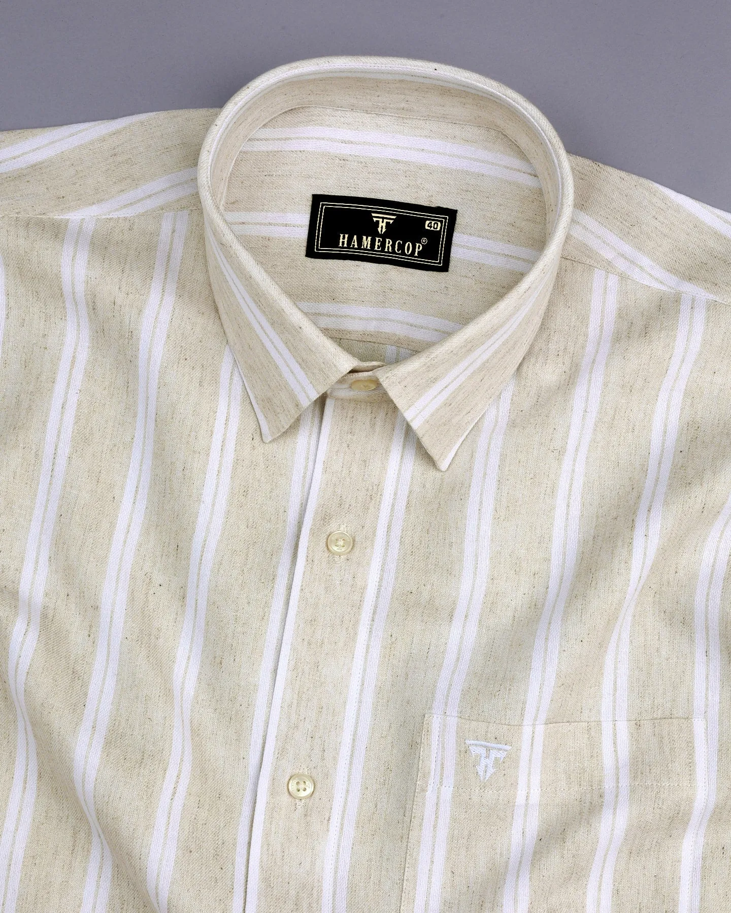 Sea Sand Cream With White Stripe Formal Cotton Shirt