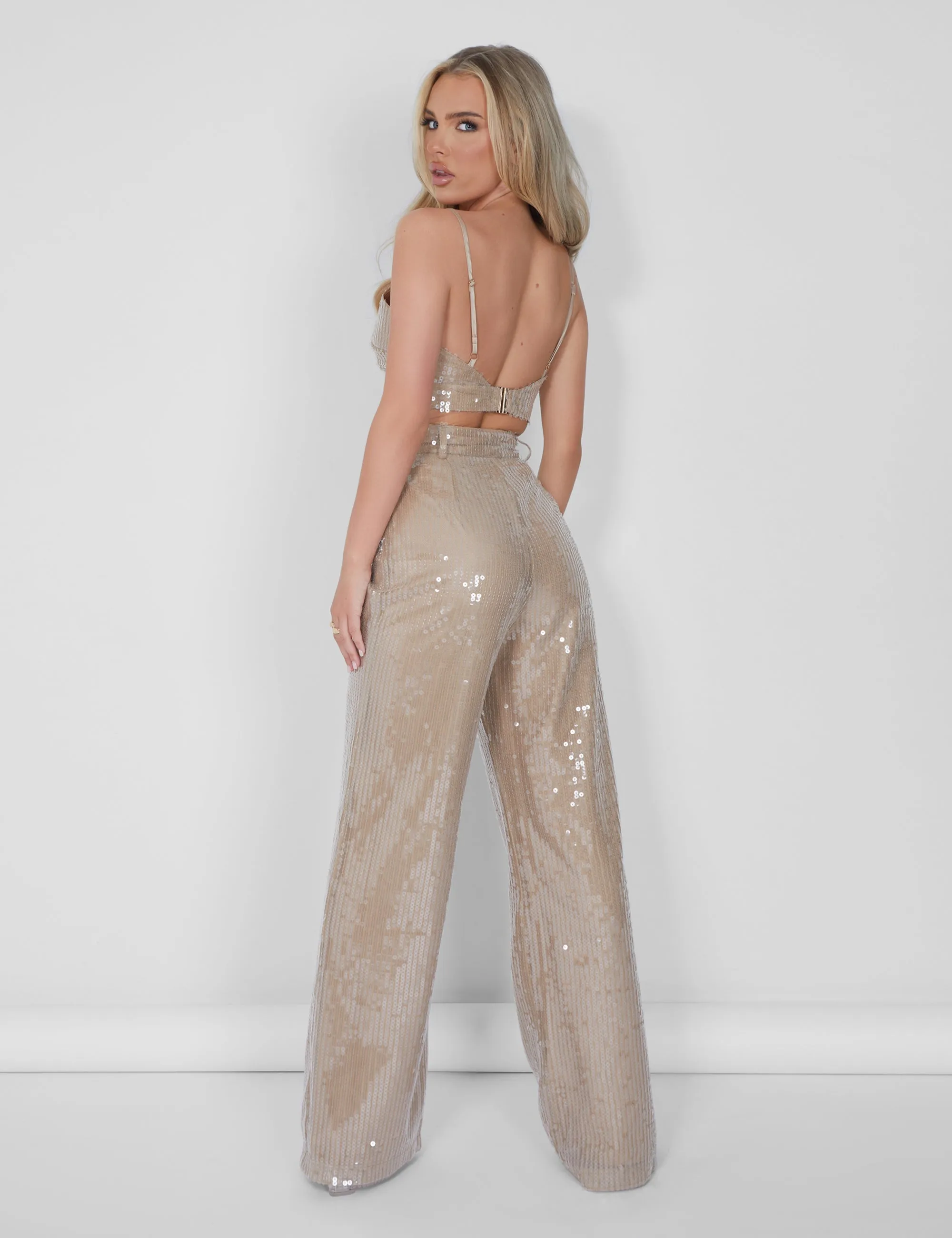 Wide Leg Sequin Trousers Nude