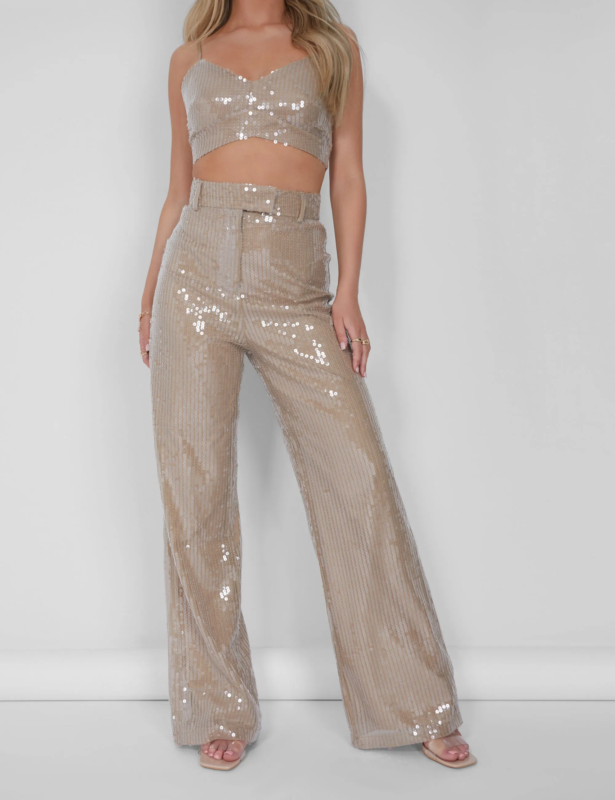 Wide Leg Sequin Trousers Nude