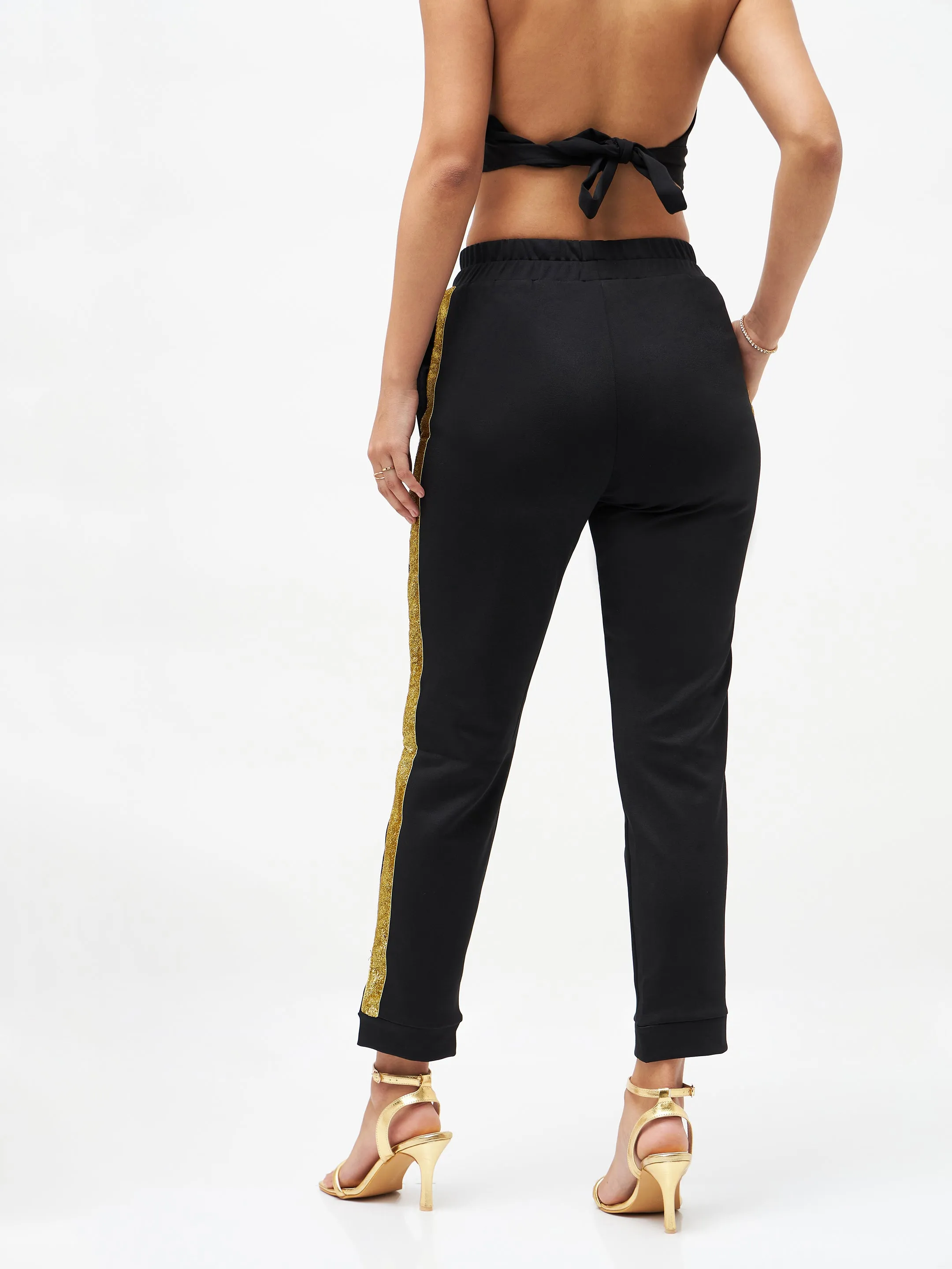 Women Black Side Tape Detail Jogger Pants