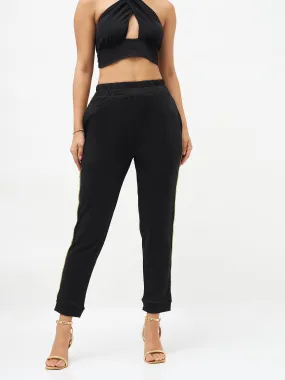 Women Black Side Tape Detail Jogger Pants