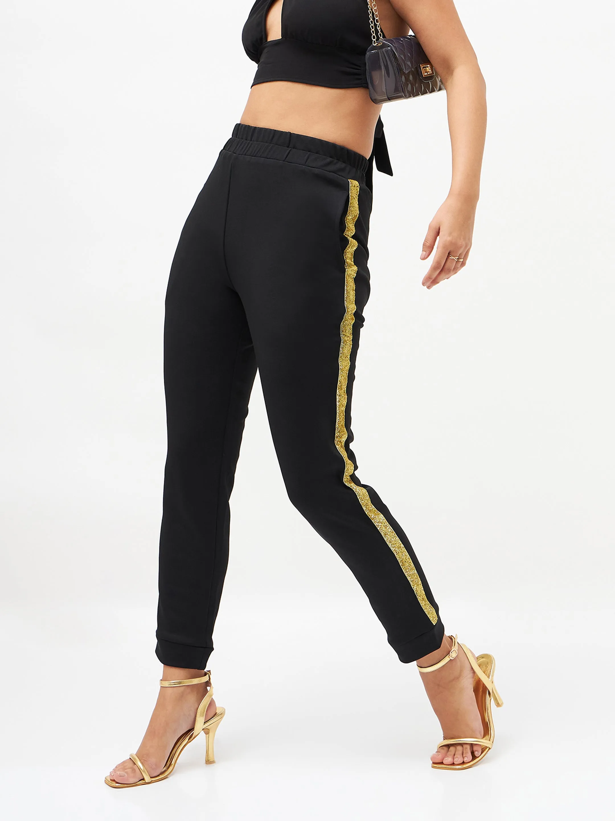Women Black Side Tape Detail Jogger Pants