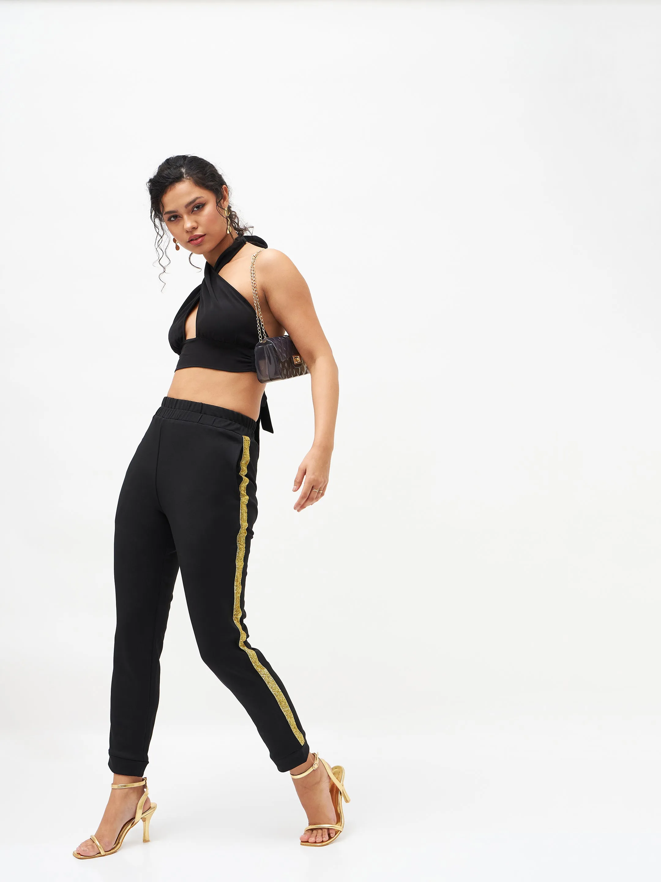Women Black Side Tape Detail Jogger Pants
