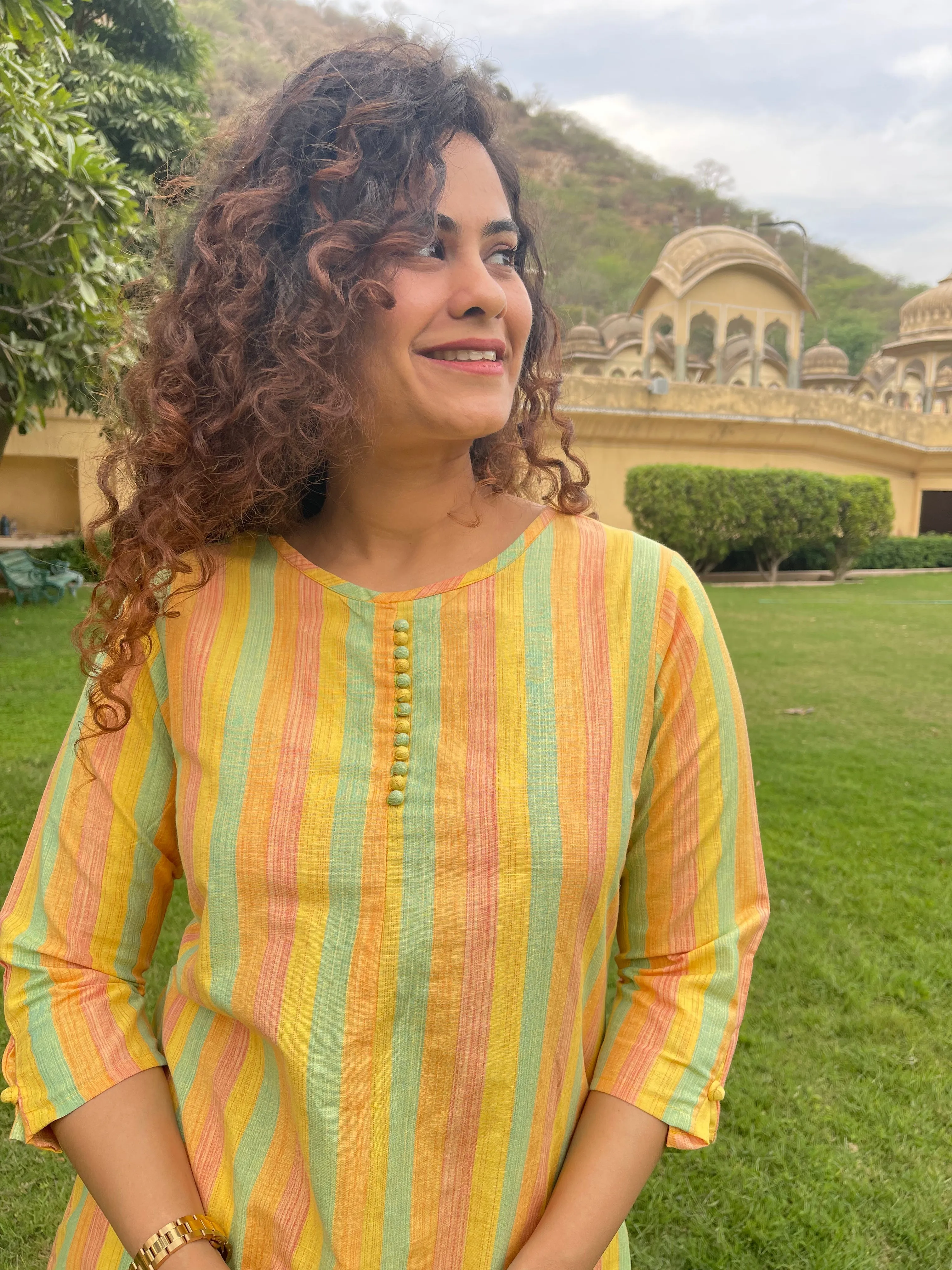 Yellow Cotton Stripes Kurta Set