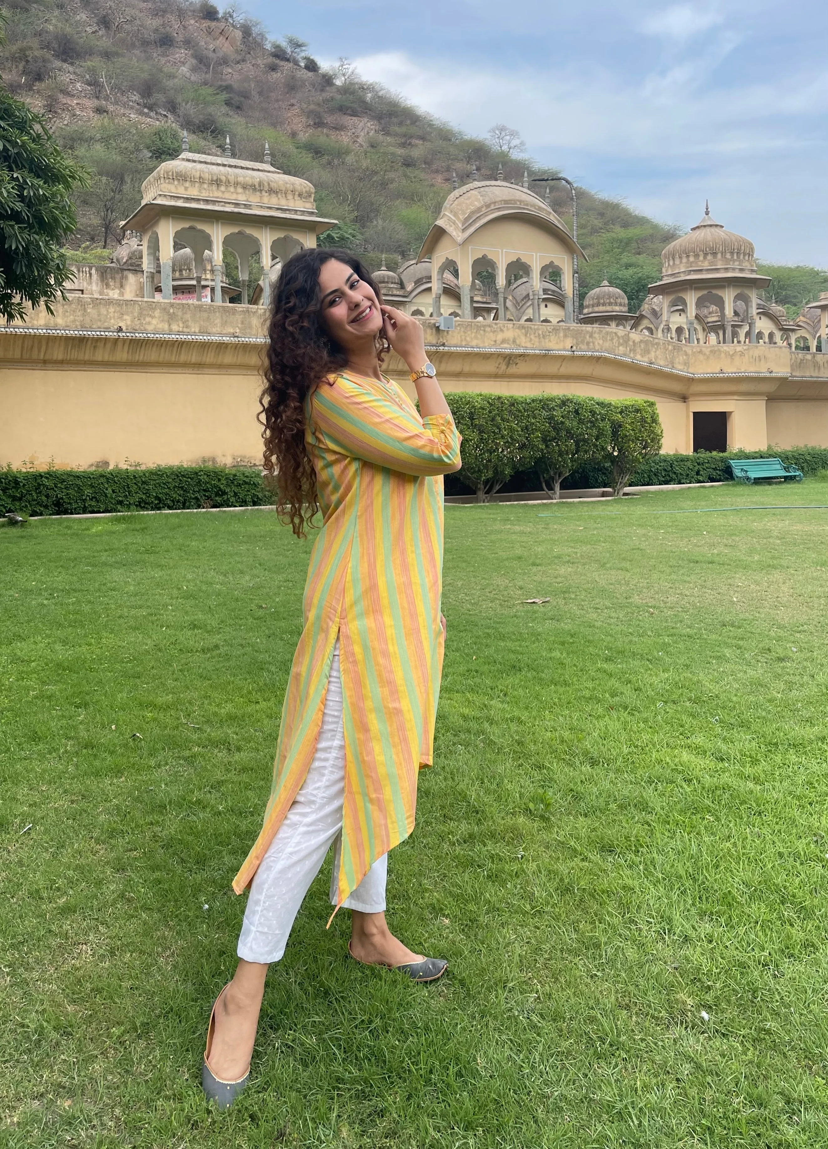 Yellow Cotton Stripes Kurta Set