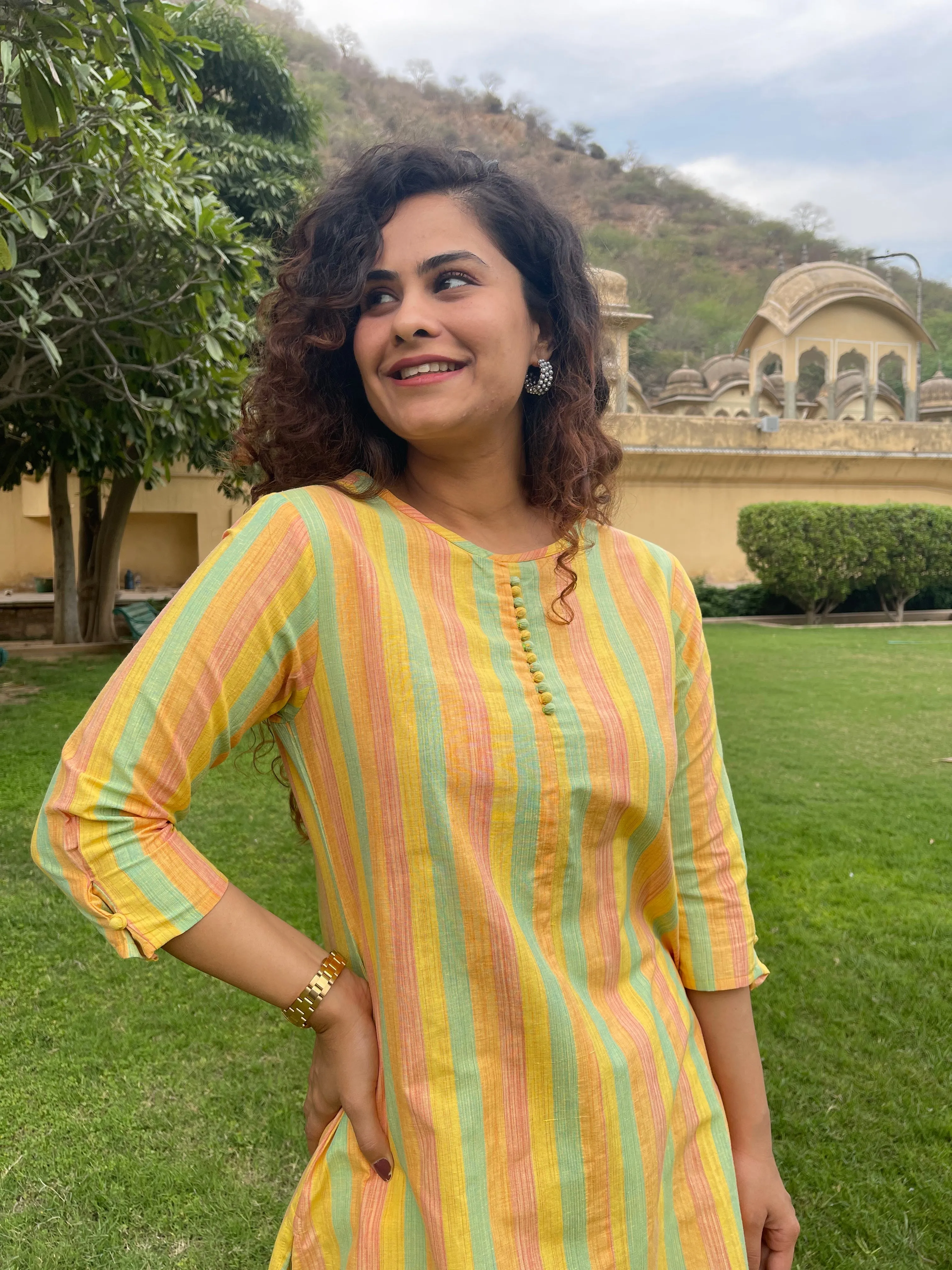Yellow Cotton Stripes Kurta Set