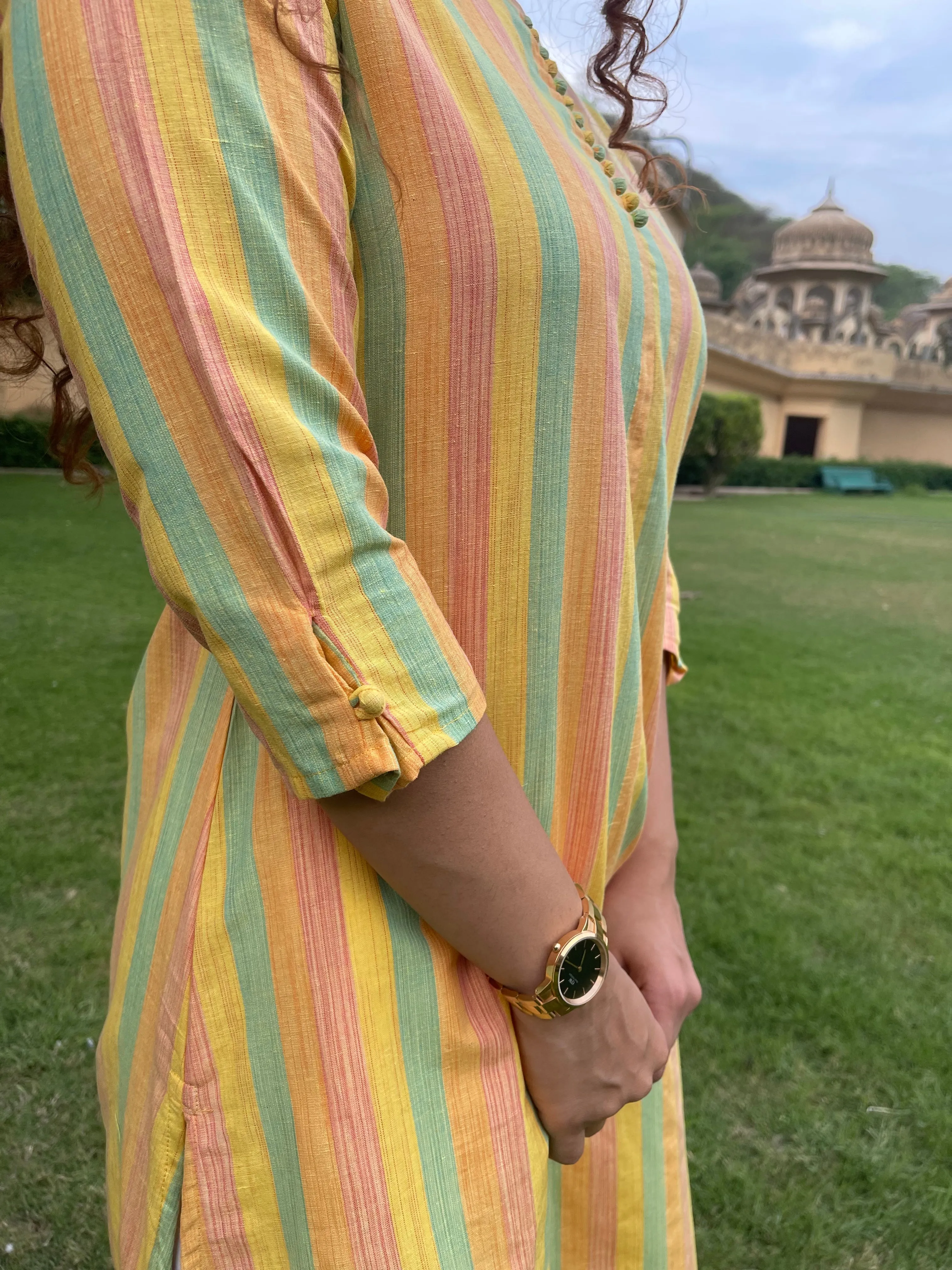 Yellow Cotton Stripes Kurta Set