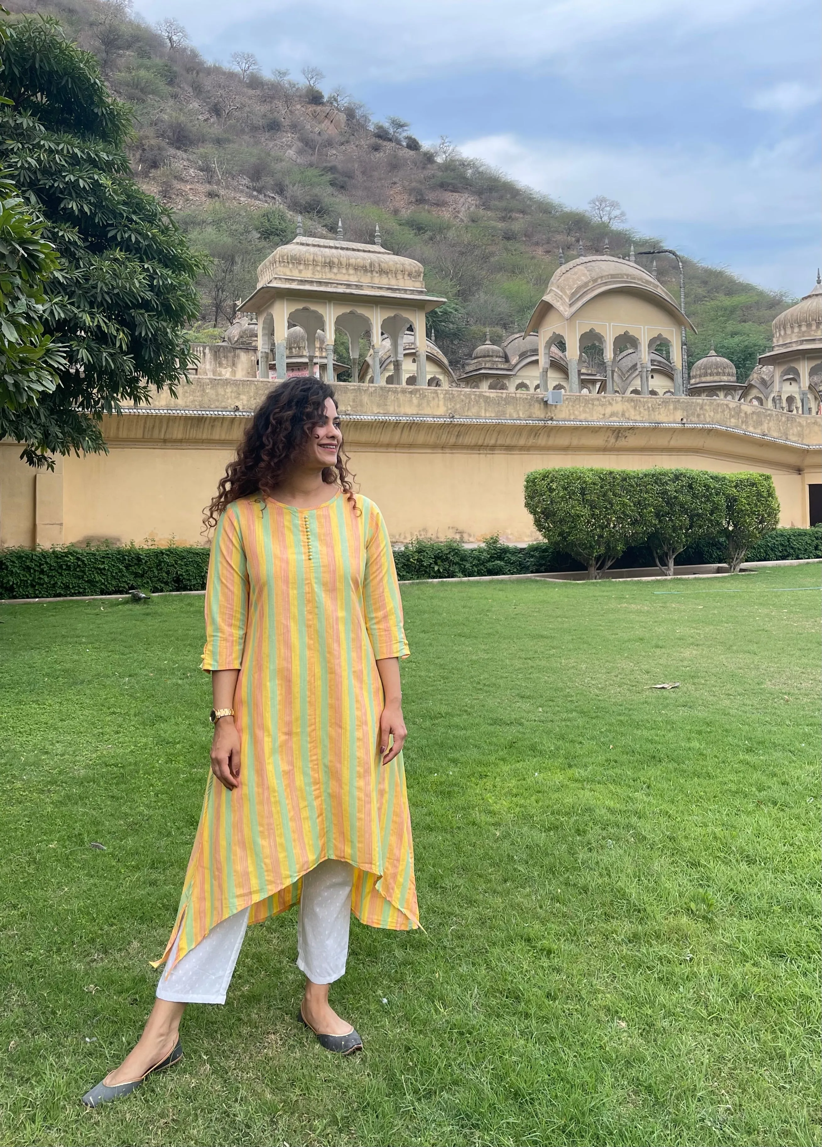 Yellow Cotton Stripes Kurta Set